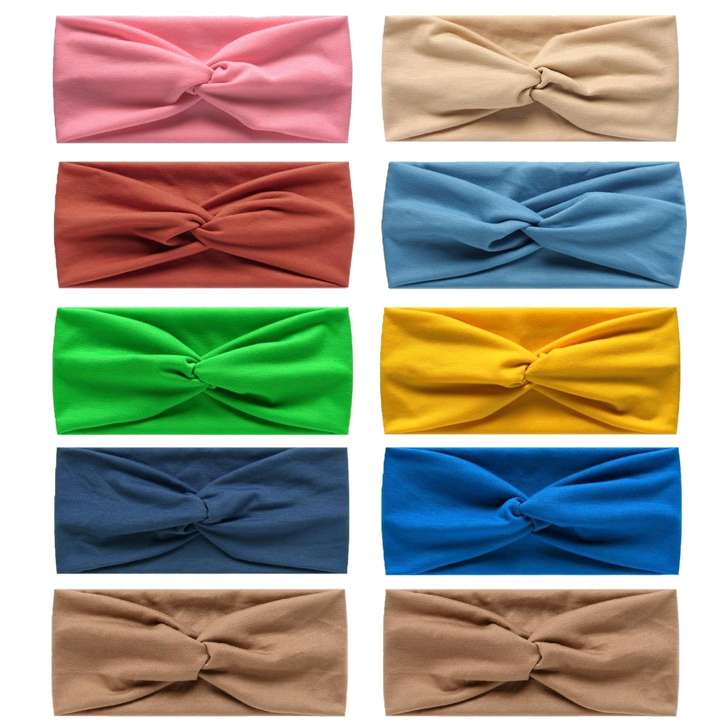 10 Pcs Wide Absorbent Sport Headbands for Women, Non-slip, Stretchy, Soft Cotton Twist Knotted Hair Bands for Daily Workout Yoga Running Sports, CE