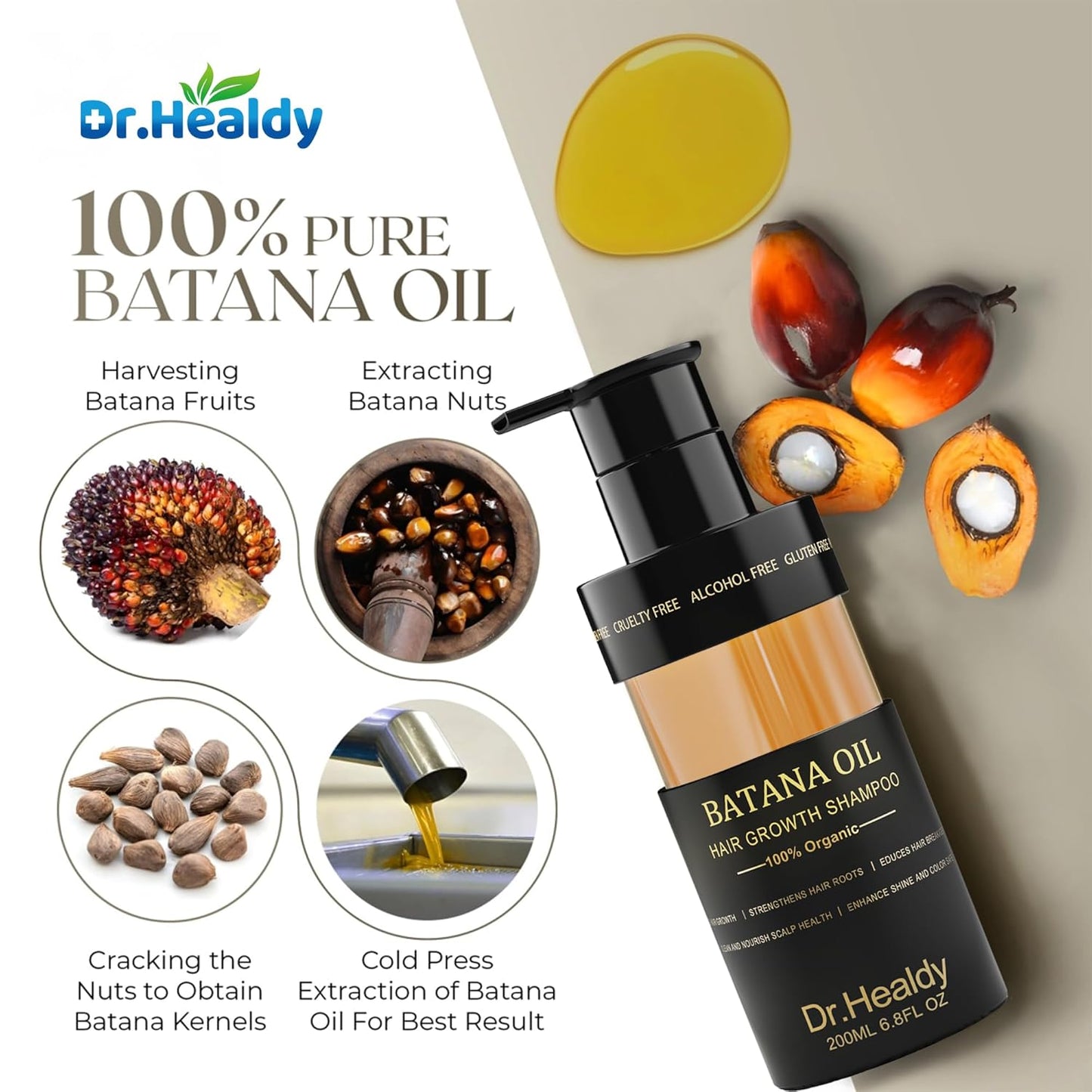 Dr.Healdy Batana Oil Shampoo for Hair Growth, Against Hair Loss & Moisturizes, Reduces Breakage - Sulfate Free Formula for All Hair Types (6.8 Fl Oz)