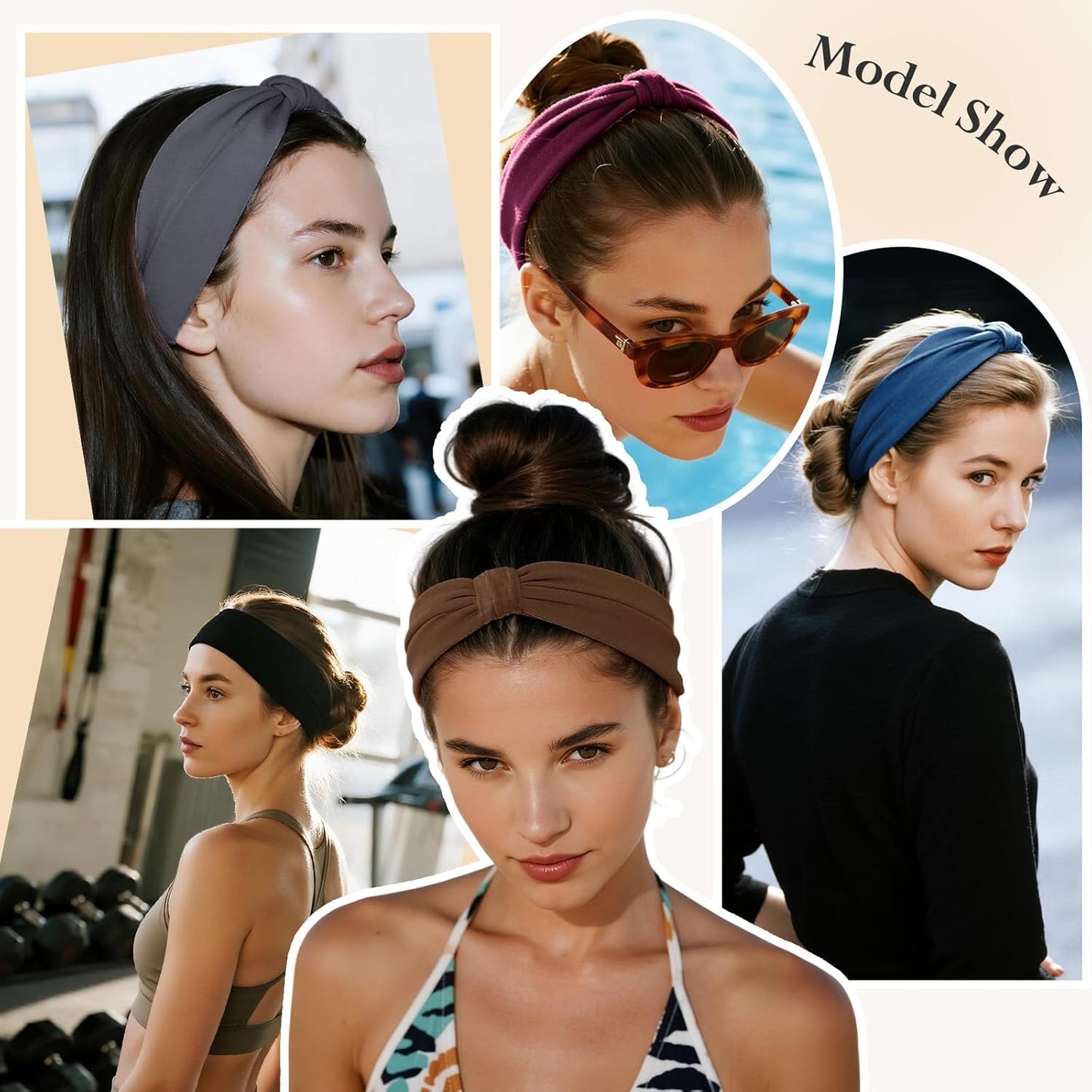 Headbands for Women, Wide Elastic Head Bands, Non-Slip Thick Hair Bands, Sports Stretchy Sweat Bands, Large Knotted Soft Headband, Gray Burgundy Green Black Coffee Navy