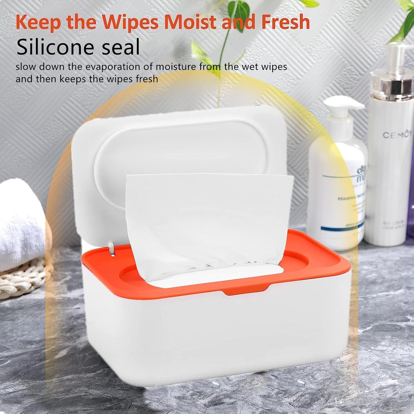Wipes Dispenser with 2Pcs Portable Refillable Wipe Holder,Reusable Large Wipe Holder Box Flushable Wipes Case Bathroom Wipes Container for Pet Nursery Kitchen Office Counter (White-Orange)