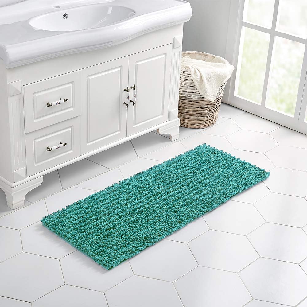 Walensee Large Bathroom Rug Non Slip Bath Mat (24x60 Inch Turquoise) Water Absorbent Super Soft Shaggy Chenille Machine Washable Dry Extra Thick Perfect Absorbant Best Plush Carpet for Shower Floor