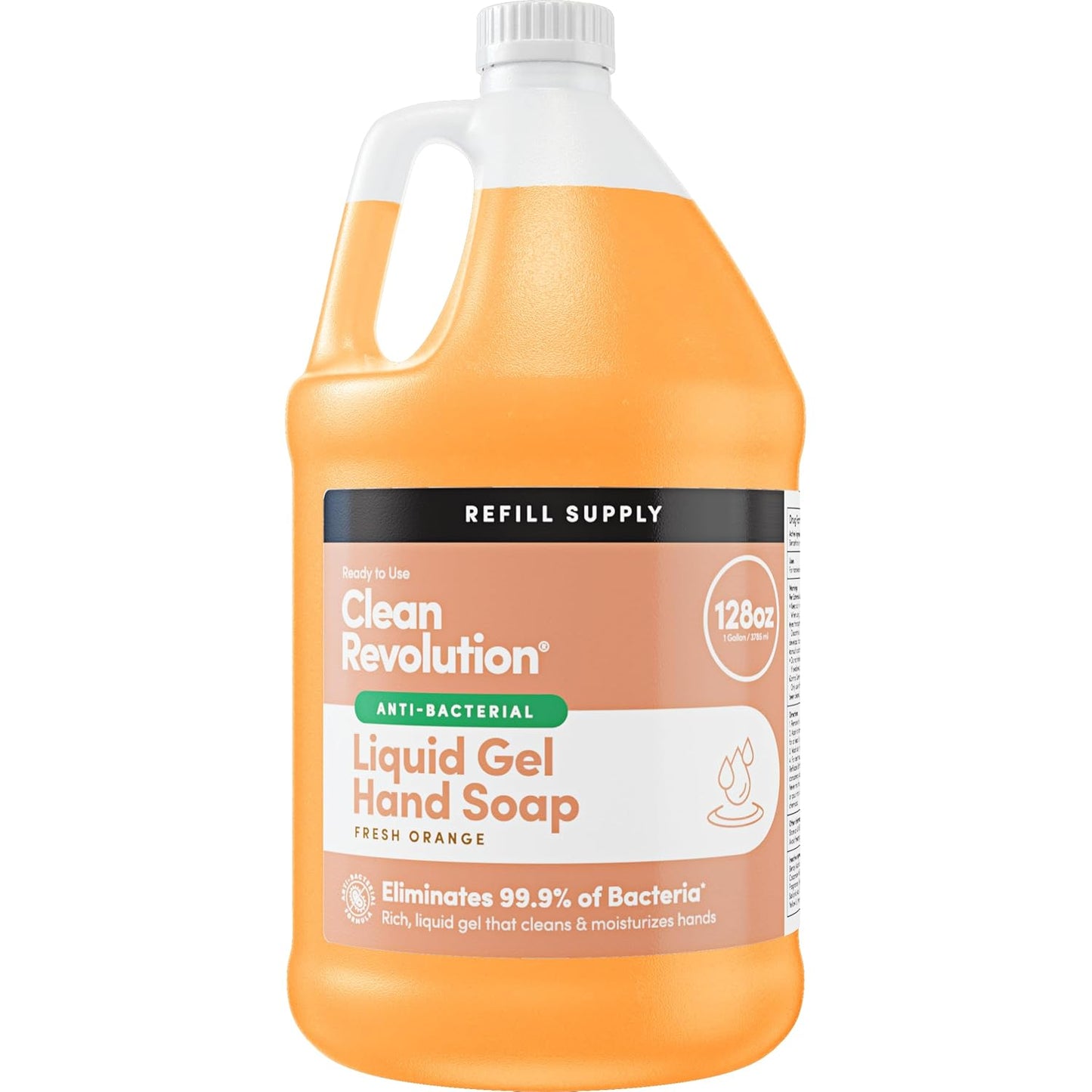 Clean Revolution Antibacterial Gel Hand Soap Refill, 128 Fl Oz, Ready To Use Gel Soap, Fresh Orange Scent, Non-Drying Formula - Made in USA