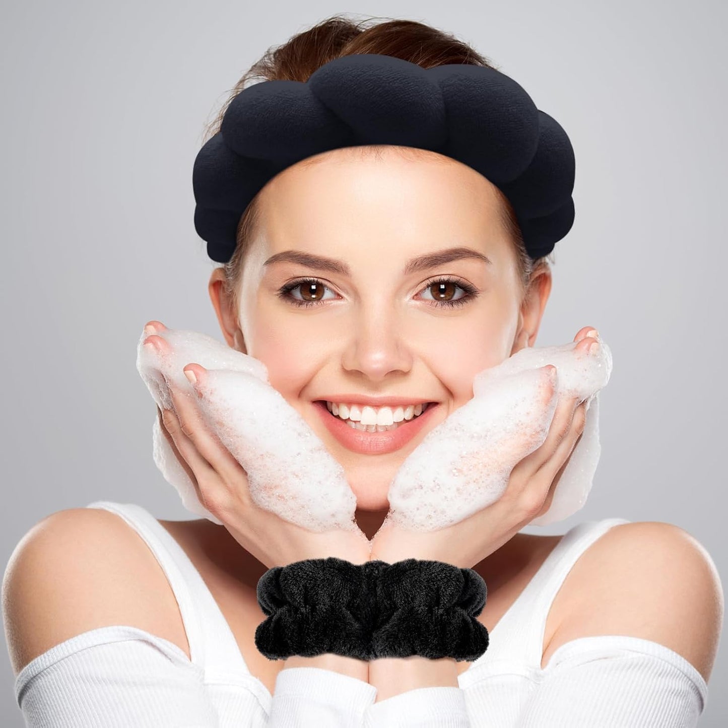 Zkptops Spa Headbands for Washing Face or Facial Sponge Makeup Skin Care Headband Wristband Set Towel Bubble Soft Sponge Hairband for Women Girls Puffy Winter Non Slip Thick Thin Hair Accessory(Black)