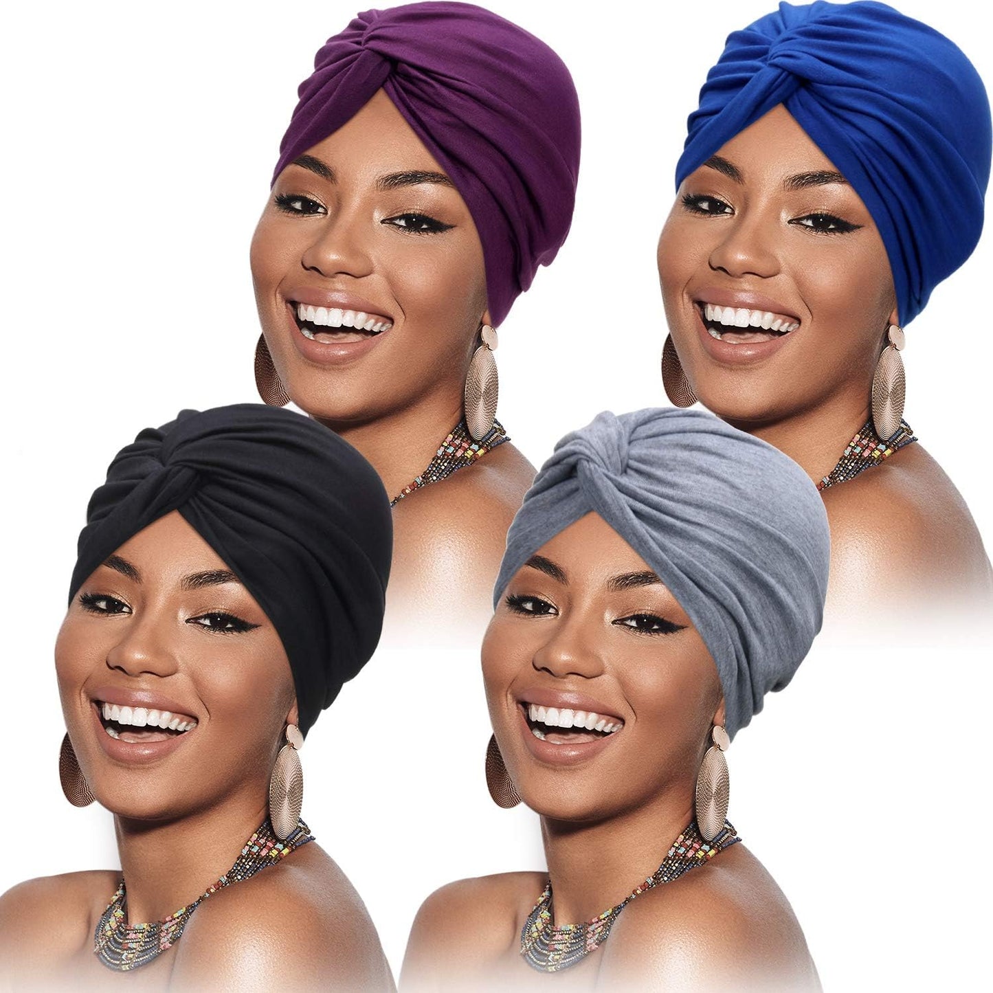 SATINIOR 4 Pieces Turbans for Women Soft Pre Tied Knot Fashion Pleated Cancer Turban Cap Chemo Headwrap Sleep Hat, 4 Colors