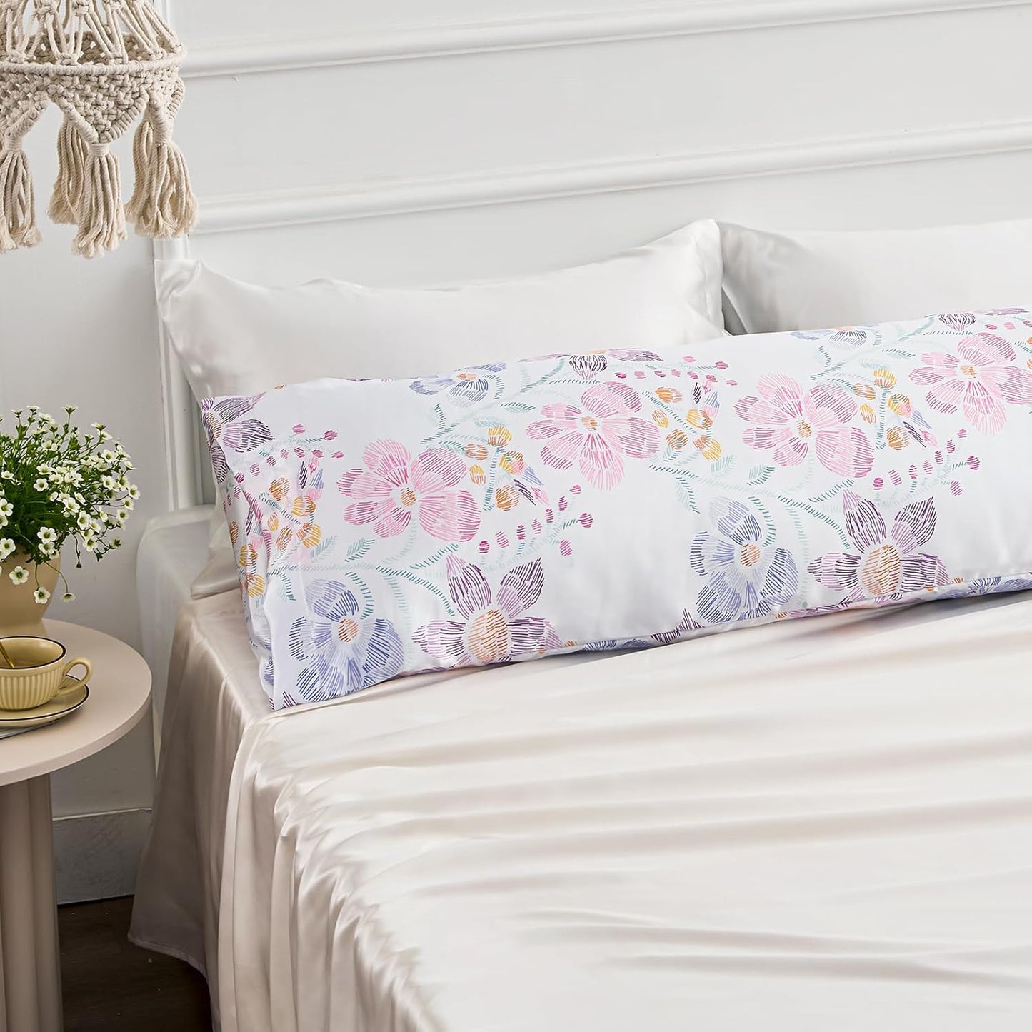 EXQ Home Satin Pillowcase for Hair and Skin Body- Multicolor Printed Flower Silk Pillowcase 20x54 inches - Body Pillow Cases with Envelope Closure, Gifts for Women