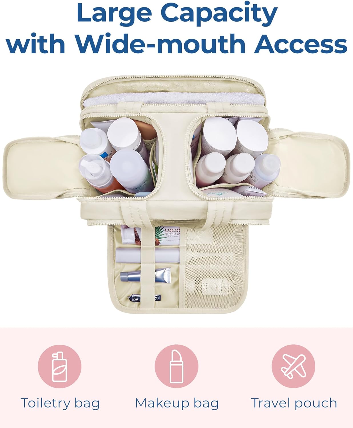 BAGSMART Travel Toiletry Bag, Lightweight Large Wide-open Travel Bag for Women, Puffy Cosmetic Makeup Bag Organizer with Handle for Accessories,Essentials, Toiletries, Beige