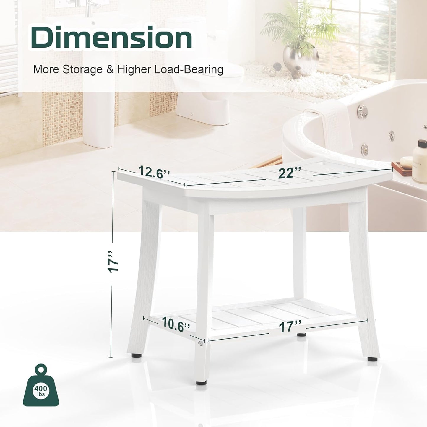HIPS Shower Benches for Inside Shower, Waterproof Shower Stool with Storage Shelf & Adjustable Feet, SPA Bathroom Seat Chair for Shaving Legs, Indoor or Outdoor Use, White