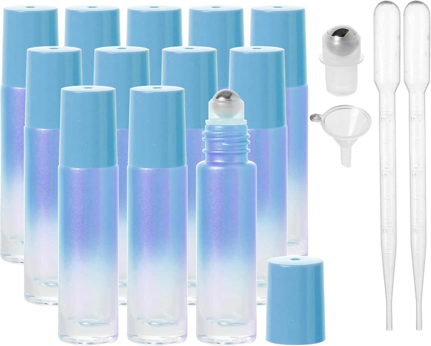 Essential Oil Roller Bottles, 10ml Thick Glass Perfume Roller Bottles with Funnel Opener and Dropper Colored Glass Empty Bottles with Stainless Steel Roller Balls (Blue, 12 Pack)