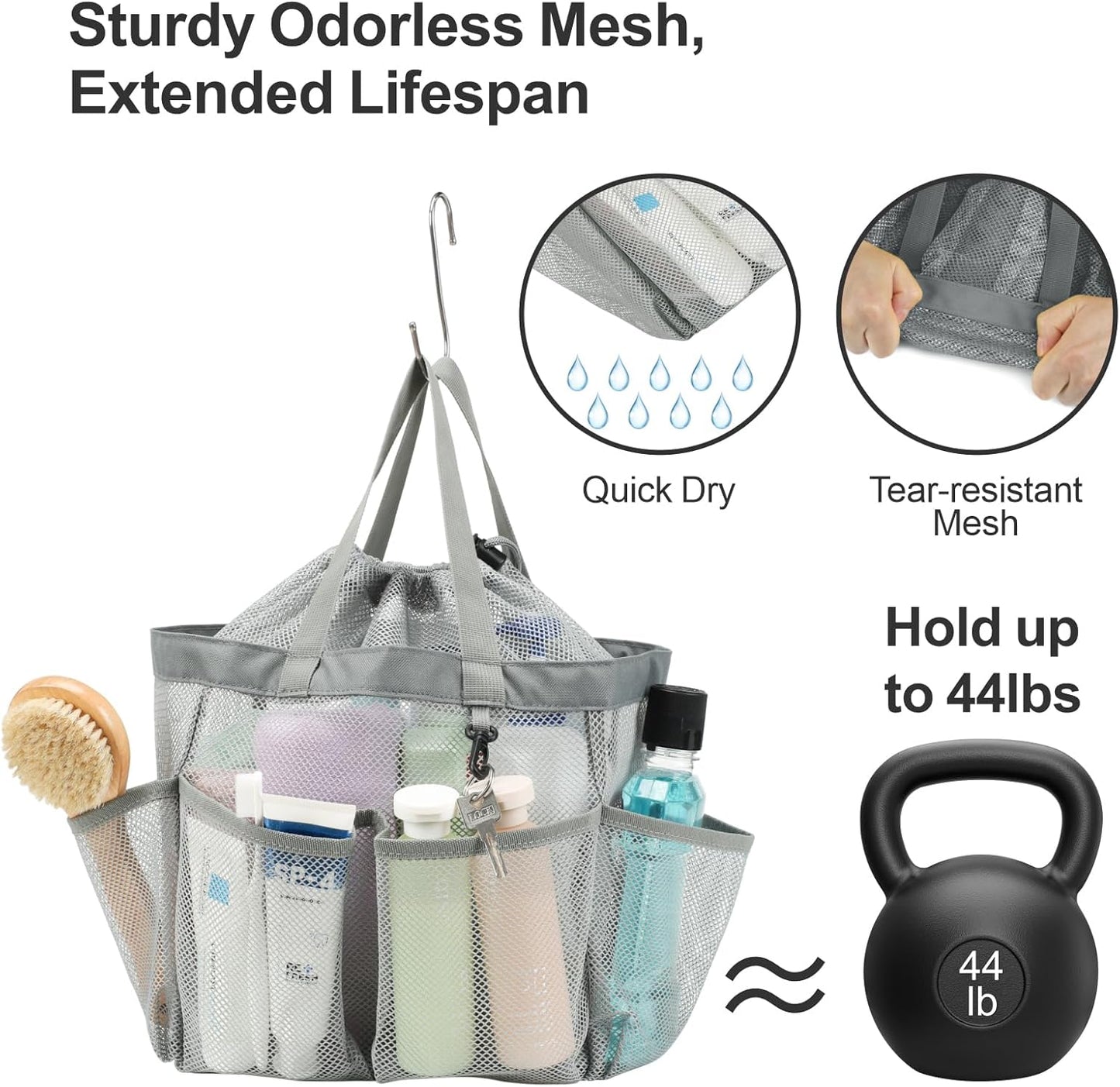 F-color Mesh Shower Caddy Portable with Drawstring - Upgrade Deeper 7 Pockets Dorm Room Essentials for Guys Girls with S Hook, Shower Bag Basket Tote for College Camping Toiletry Bathroom, Grey