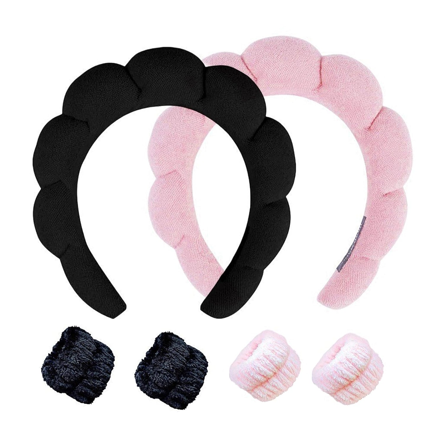 Spa Headband and Wristband Set for Women,Terry Cloth Sponge Headband for Washing Face,Makeup,Facial Mask and Skincare (Black,Pink, One Size)