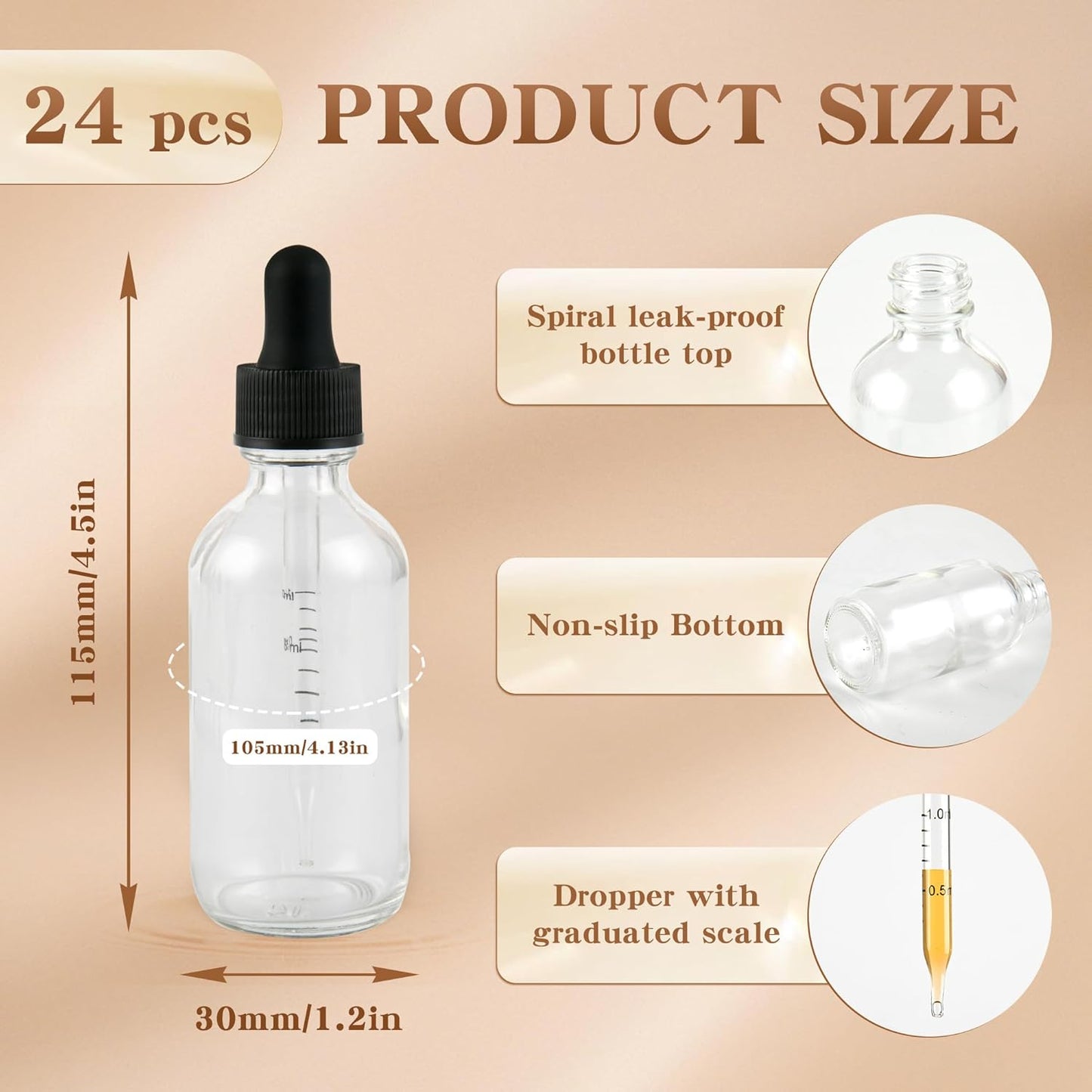 BILLIONSTARS 24 Pack 2oz Glass Boston Round Bottle with Graduated Calibrated Glass Pipettes - Clear - Tincture Bottles for Essential Oils, Liquids - Leakproof Travel Bottles