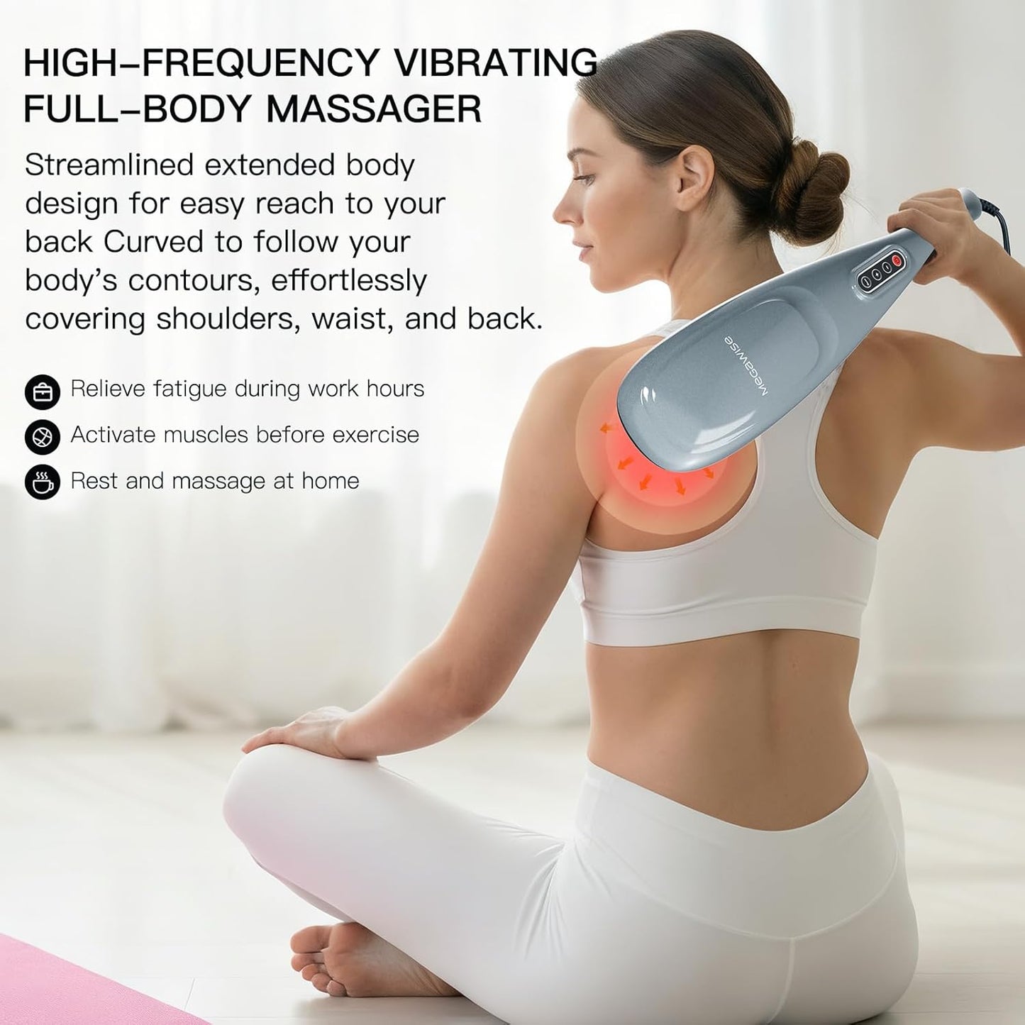 MEGAWISE Handheld Back Massager | Deep Tissue Percussion Massage for Back, Neck, Shoulders, Waist and Legs (Silver Grey) with 6ft Power Cord, Ergonomic Handle