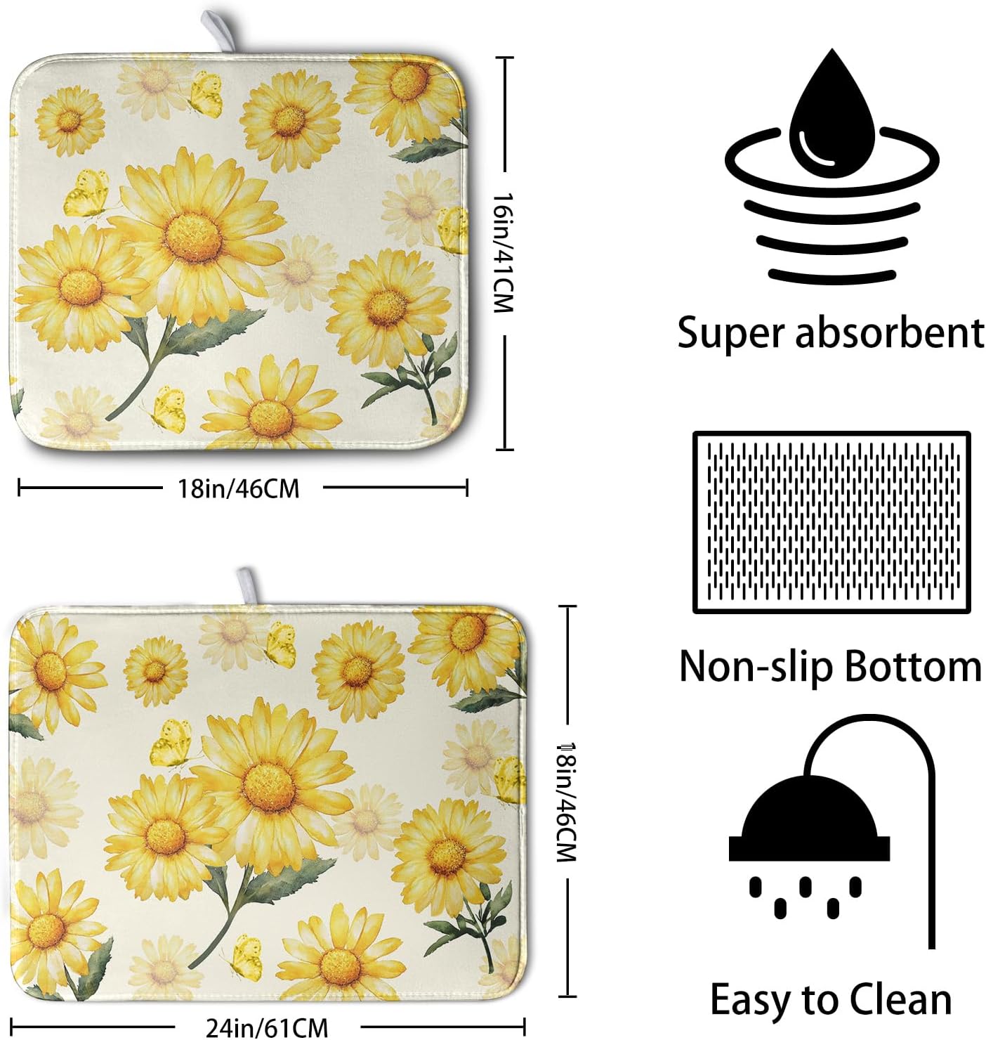 Yellow Sunflower Dish Drying Mat for Kitchen Counter Summer Daisy Floral Dishes Pad Farmhouse Flower Dish Draining Microfiber Absorbent Dish Drainer Rack Mat Large Extra Large 18x24 Inch