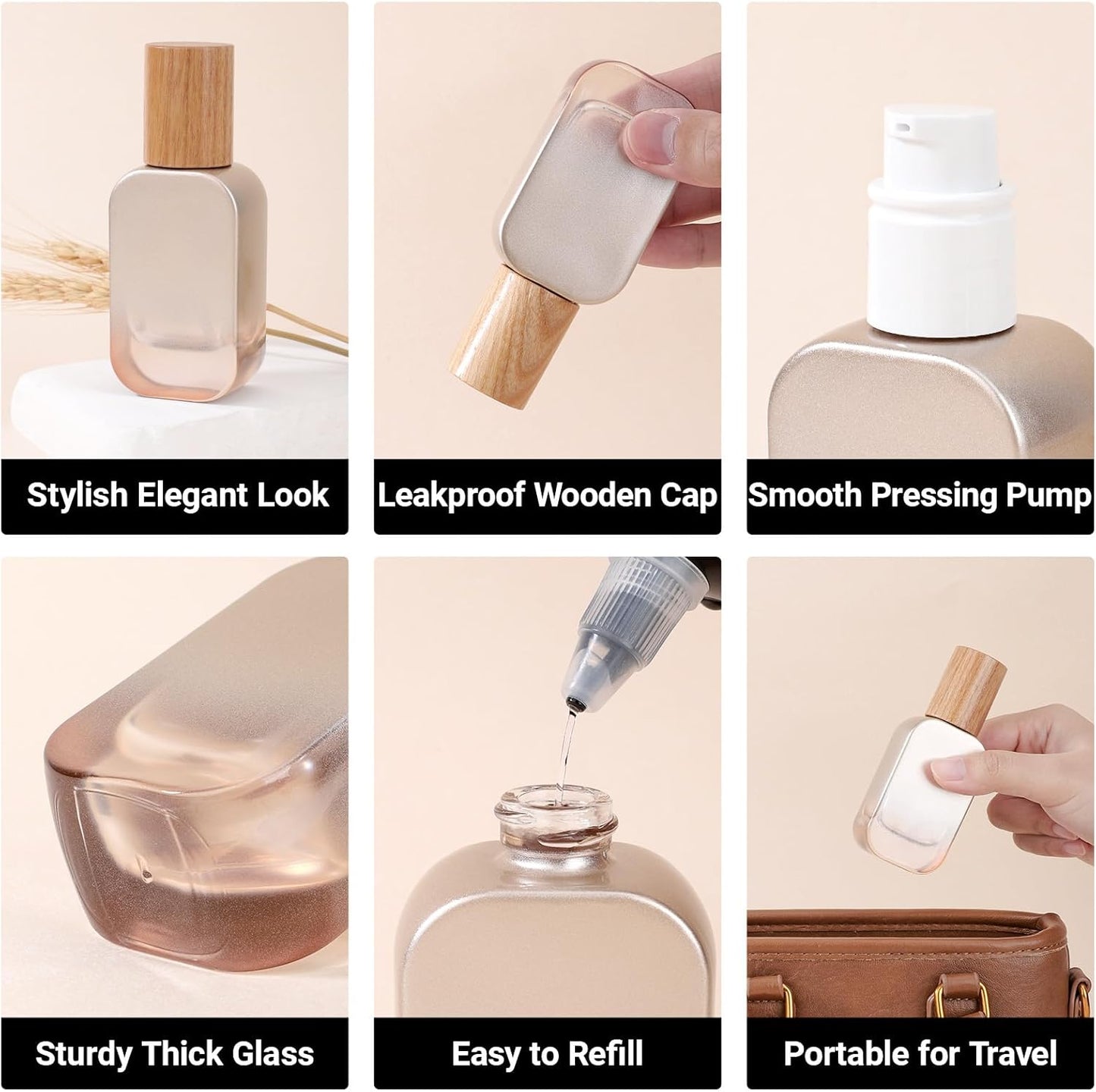 Segbeauty 1oz Glass Pump Bottle Dispenser for Essential Oils, 4pcs Mini Travel Lotion Container, 30ml Liquid Travel Foundation Container Leakproof, Silver Small Glass Bottles for Skincare Cosmetics