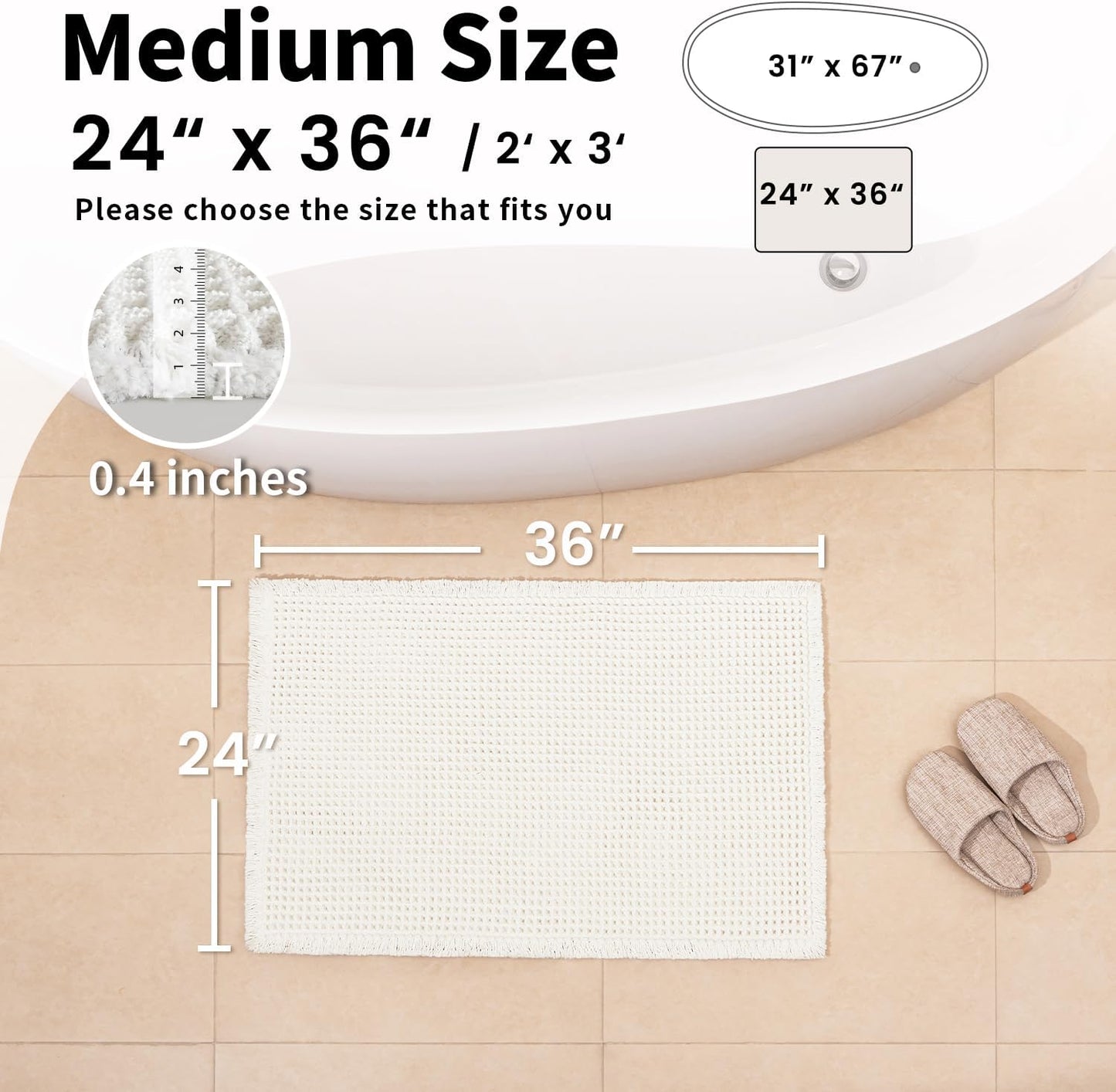 White Bathroom Rugs, Waffle Bath Mat Non Slip Washable, Super Absorbent & Quick Dry, Boho Bath Mat Farmhouse Bathroom Decor, 24'' x 36'', White