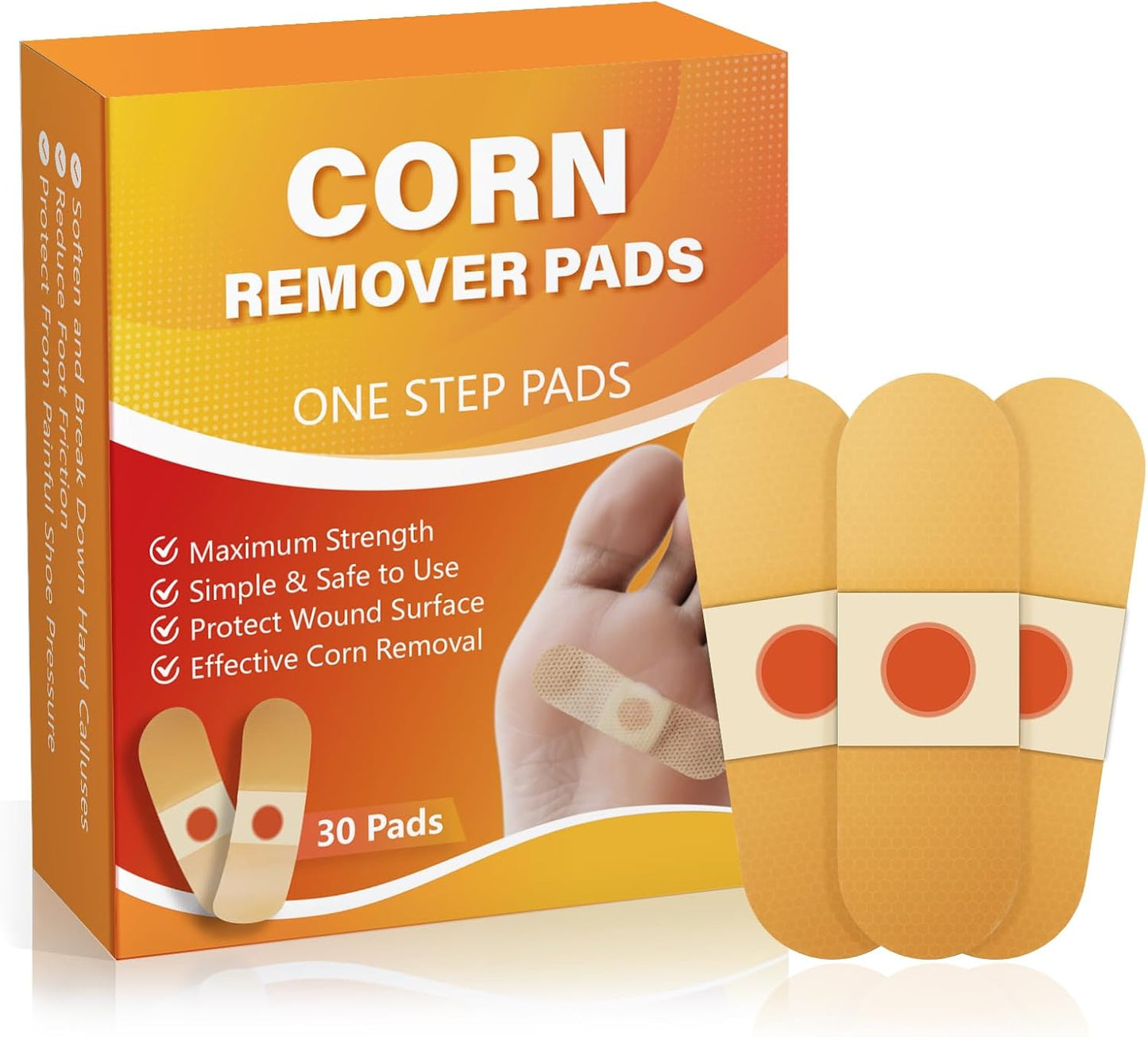 Corn Remover Pads for Feet & Toes - 30 Medicated Patches with 40% Salicylic Acid | Extra Strength Callus Treatment for Small Corns & Calluses, All-Day Adhesive Protection for Active Adults