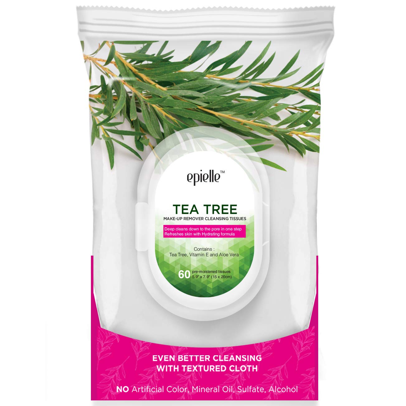 Epielle Tea Tree Makeup Remover Wipes, Gentle Daily Facial Cleanser Towelettes, Remove Dirt, Oil & Waterproof Mascara, Hypoallergenic & Alcohol-Free, 60 Count (Pack of 2)