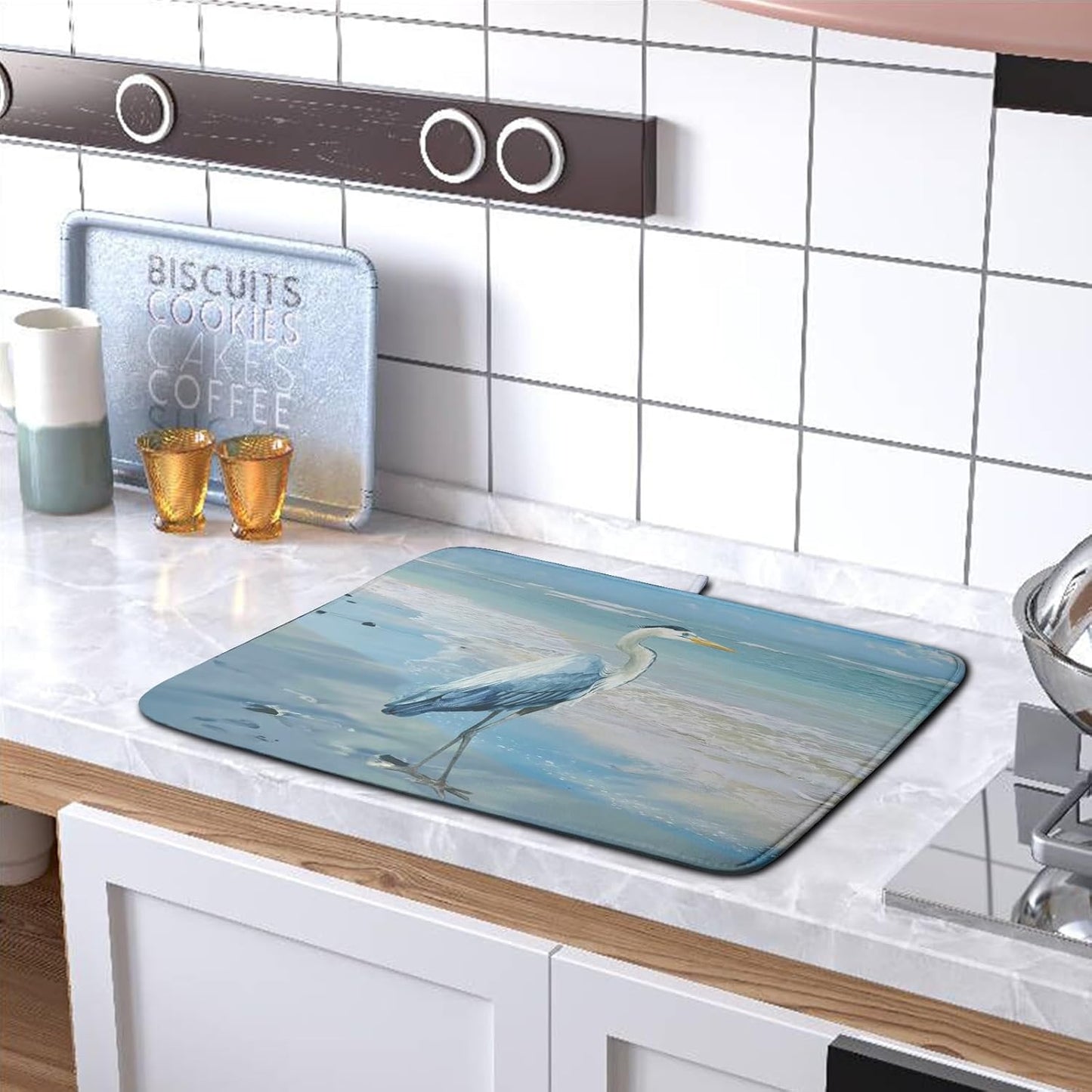 Summer Blue Dish Drying Mat for Kitchen Counter 16x18 Inch Heron Coastal Beach Drying Mats Nautical Ocean Bird Dishes Drainer Mats Microfiber Absorbent Dish Rack Pad