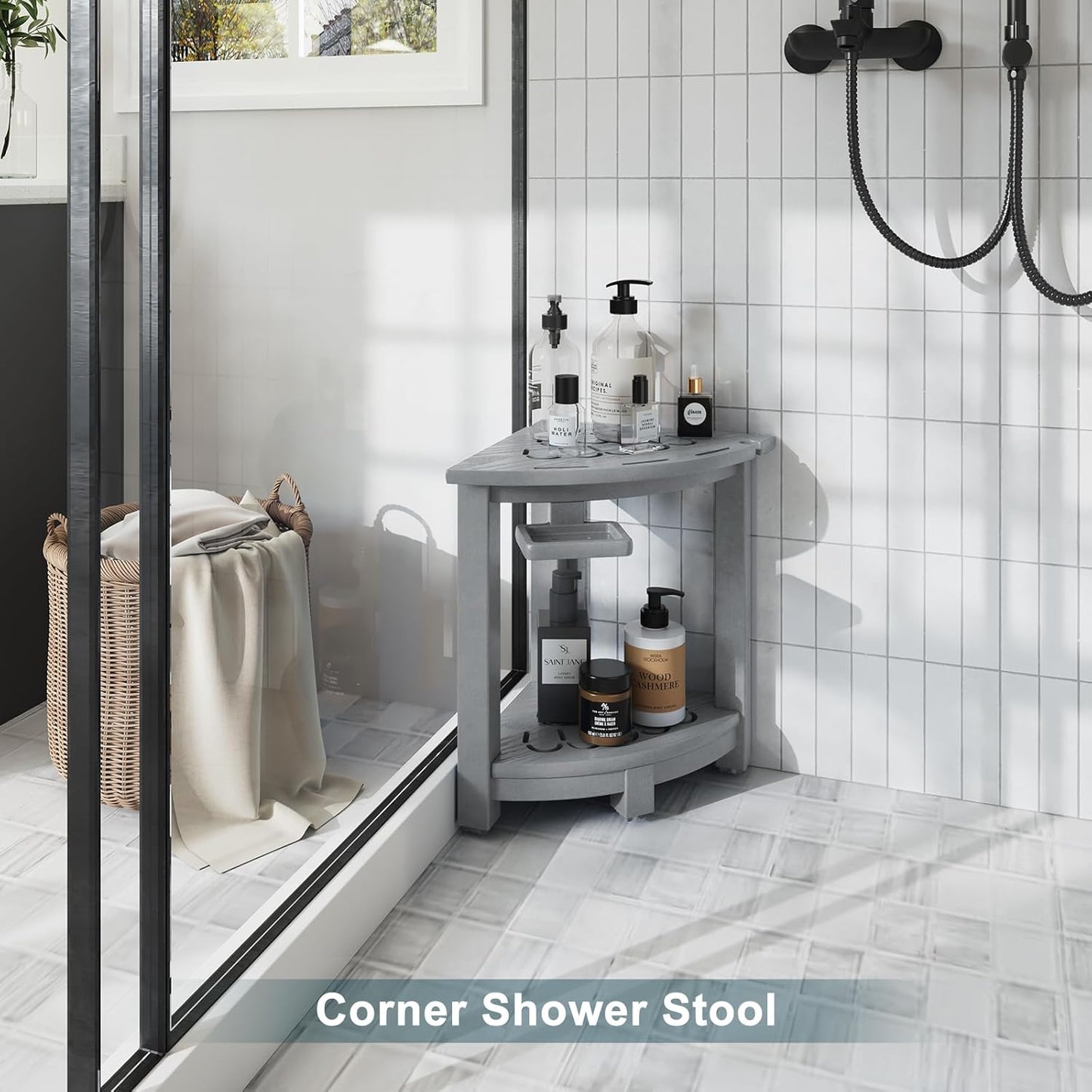 NALONE Corner Shower Stool, HDPE Shower Bench for Inside Shower, Small Shower Chair Seat for Shaving Legs with Storage Shelf, Soap Box and No-Slip Feet (Grey)