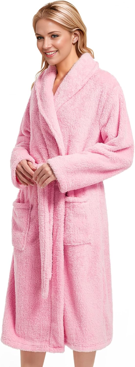 Inner Wish Womens Plush Fleece Robe, Cozy Warm Bathrobe Fuzzy Female Spa Robe With Pockets