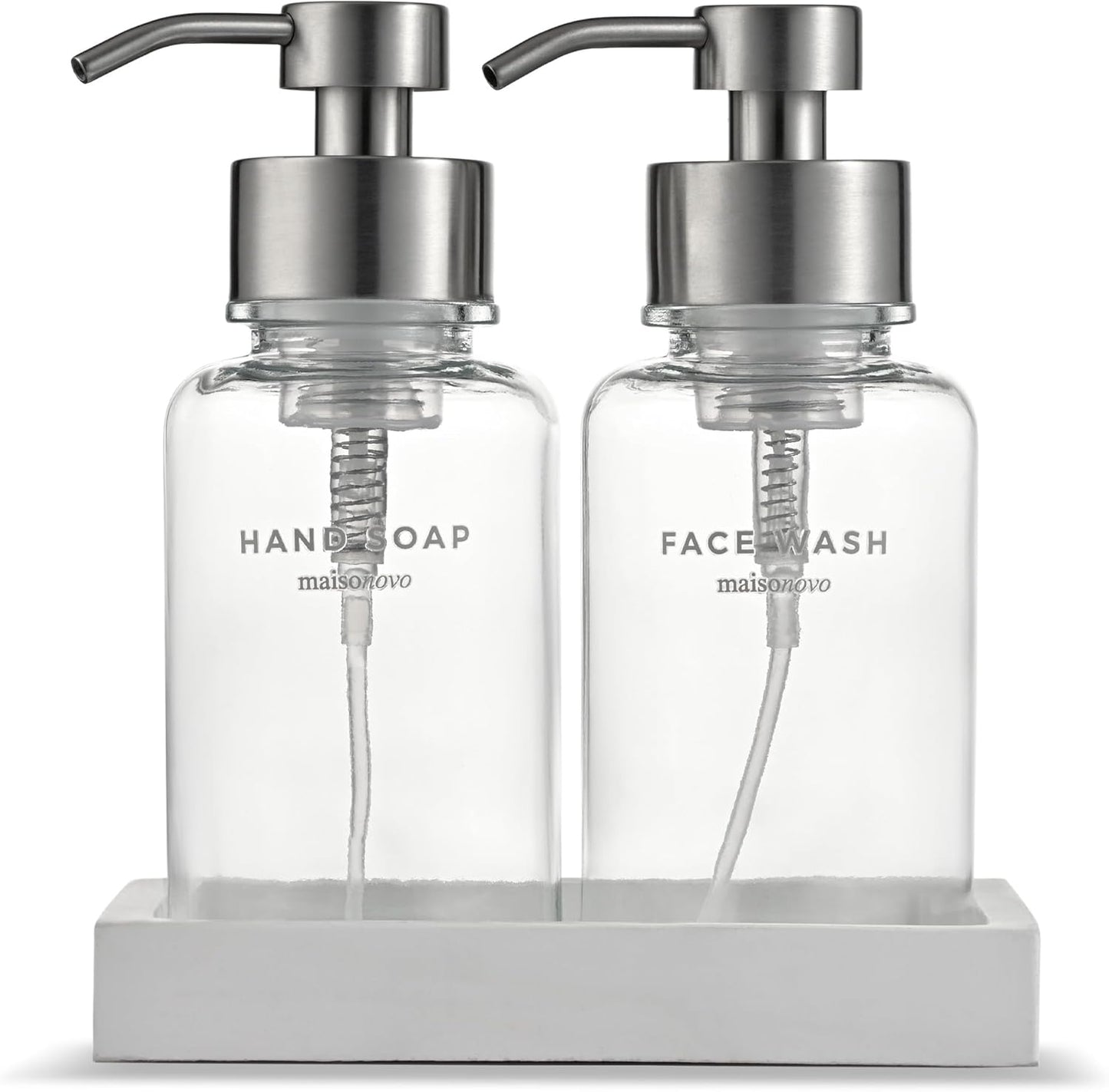 MaisoNovo Glass Foaming Soap Dispenser 14 Oz | Clear Glass Silver Pumps x 2 with Tray