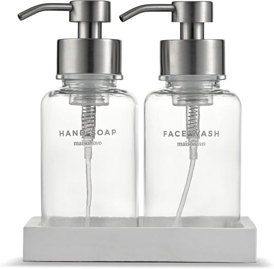 MaisoNovo Glass Foaming Soap Dispenser 14 Oz | Clear Glass Silver Pumps x 2 with Tray