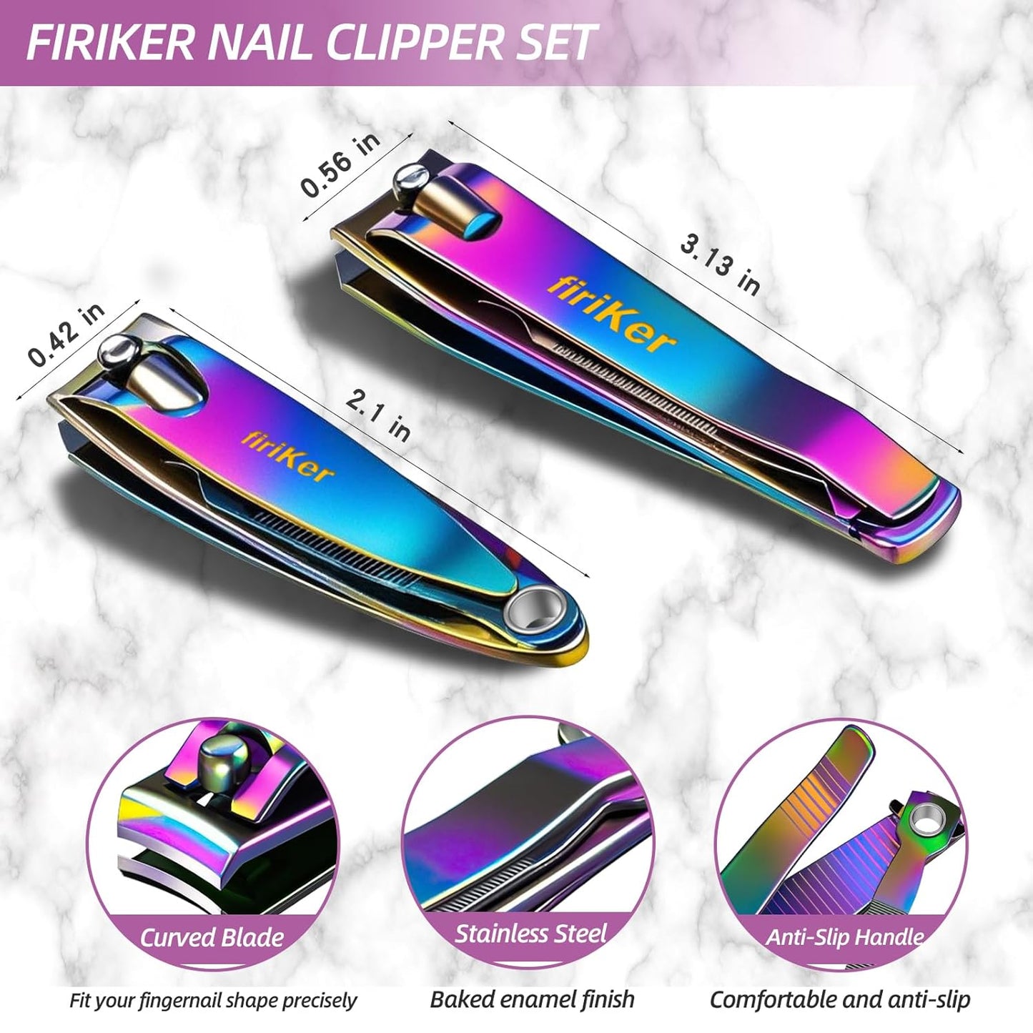 Nail Clipper Set, Sturdy Stainless Steel Fingernails & Toenails Clippers & Nail File, Sharp Effortless Fingernail Toenail Trimmer, Portable Nail Cutter for Women Men（Rainbow）