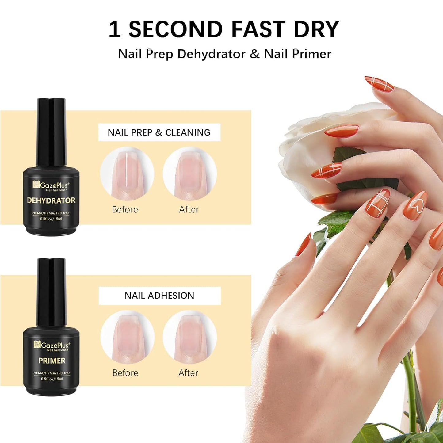 Nail Dehydrator and Primer Set, 15ML Acid-Free Natural Nail Dehydrator & Nail Primer Professional and Long-lasting for Nail Art Polish Acrylic Gel Extension Gel False Nails and Powders