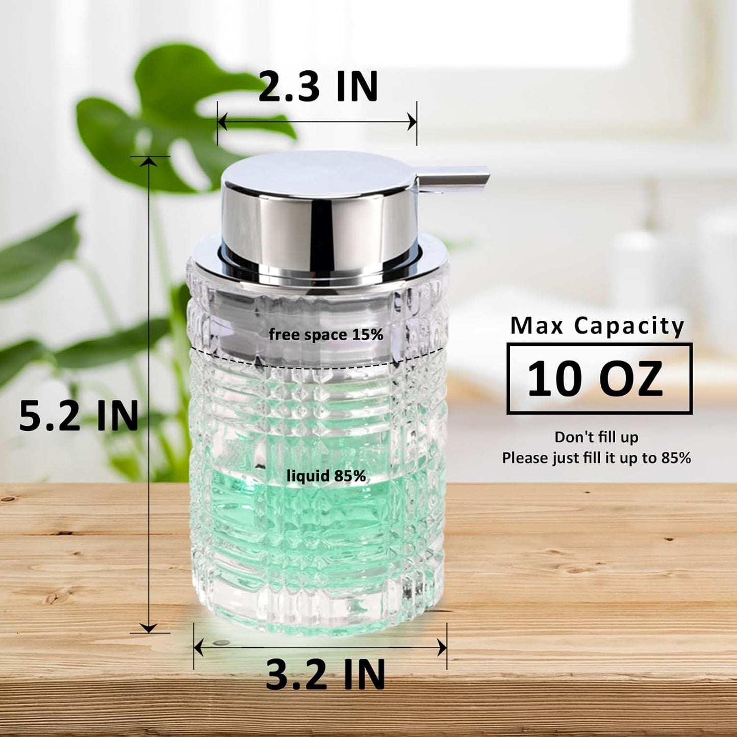 Bathroom Glass Soap Dispenser with Durable Rust-Proof Plastic Liquid Pump (Can't Foam) Hand Lotion Dispenser Antislip Shampoo Kitchen 10oz