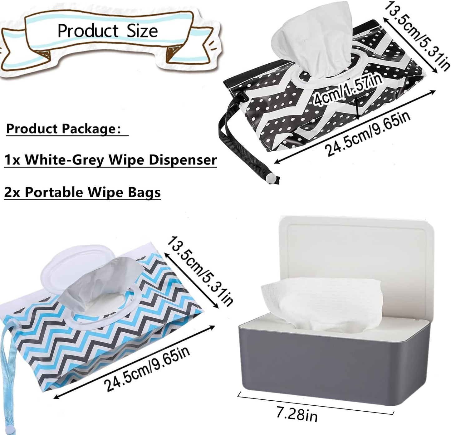 Wipes Dispenser with 2Pcs Portable Refillable Wipe Holder,Reusable Large Wipe Holder Box Flushable Wipes Case Bathroom Wipes Container for Pet Nursery Kitchen Office Counter(Grey-White)