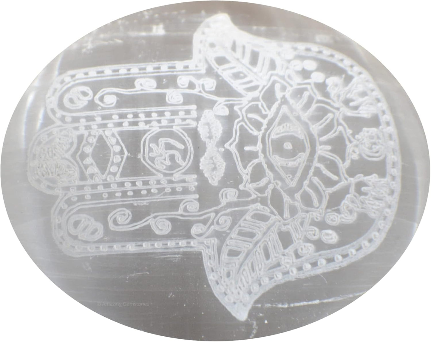 Amazing Gemstone Selenite Palm Stone - Hamsa Hand Engraved Hot Massage Worry Stone for Natural Body Chakra Balancing, Reiki Healing and Crystal Grid