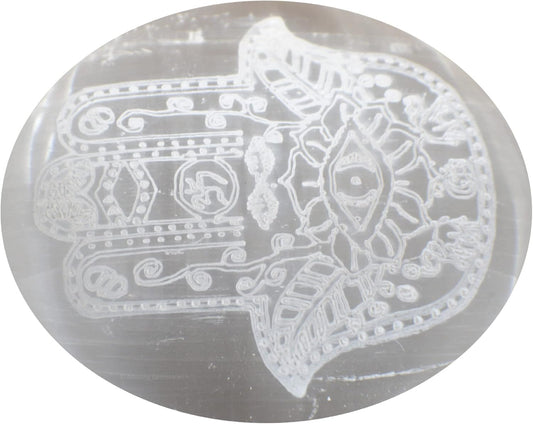 Amazing Gemstone Selenite Palm Stone - Hamsa Hand Engraved Hot Massage Worry Stone for Natural Body Chakra Balancing, Reiki Healing and Crystal Grid