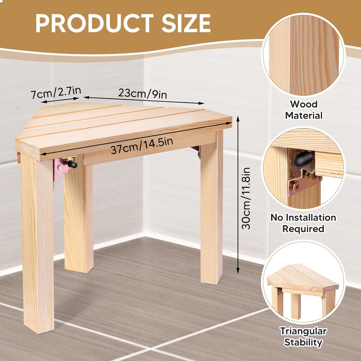 Shower Foot Rest, Wood Shower Stool for Shaving Legs, Corner Shower Stool Bathroom Shower Bench Waterproof Bath Bench Seat with Non-Slip Shower Stool for Inside Shower Bath Seat Spa Foot Rest