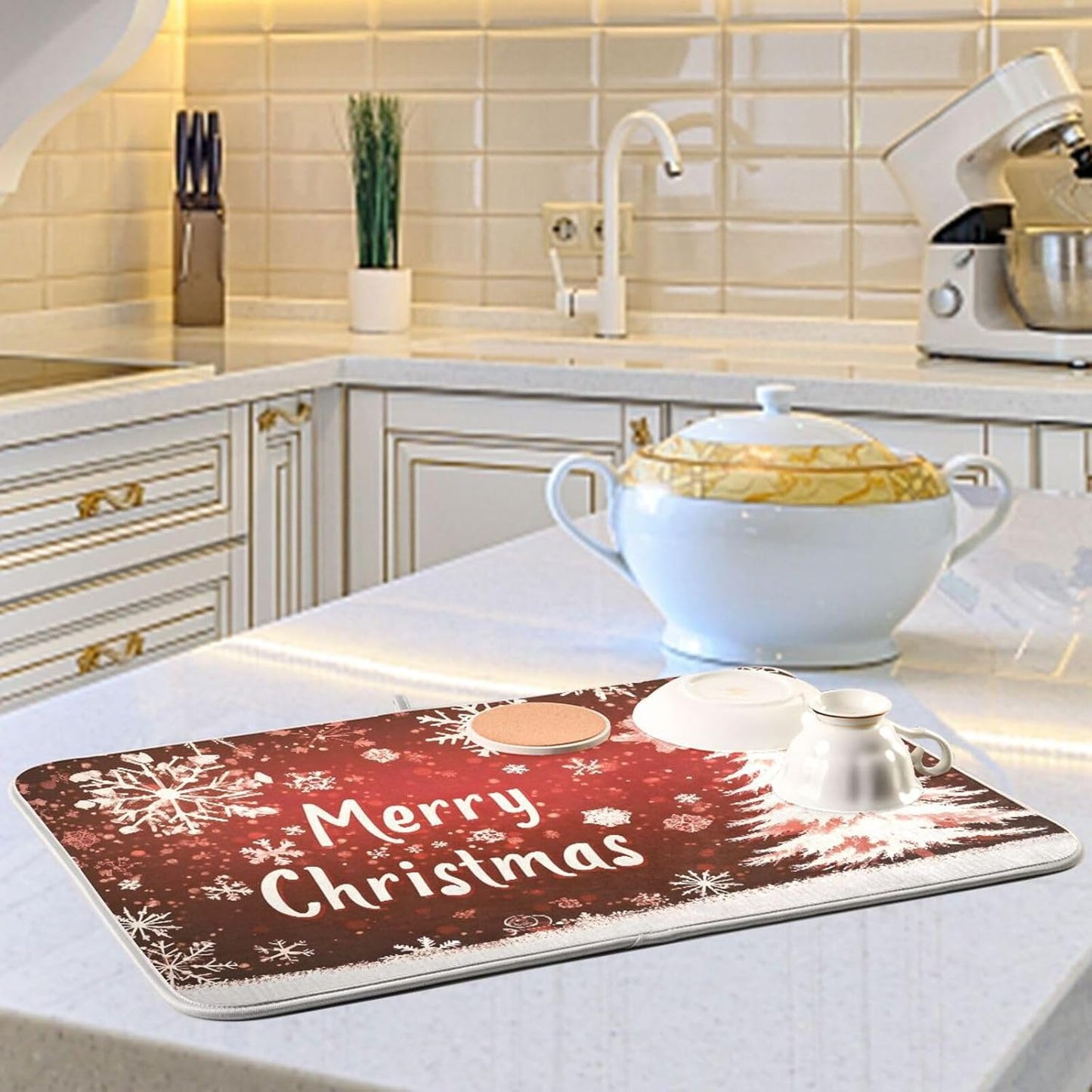 Christmas Dish Drying Mat Red Brown Snowflakes White Tree Wood Christmas Dish Drainer Mat for Kitchen Counter 18x24 inch Drying Mat Absorbent Microfiber Dish Mat