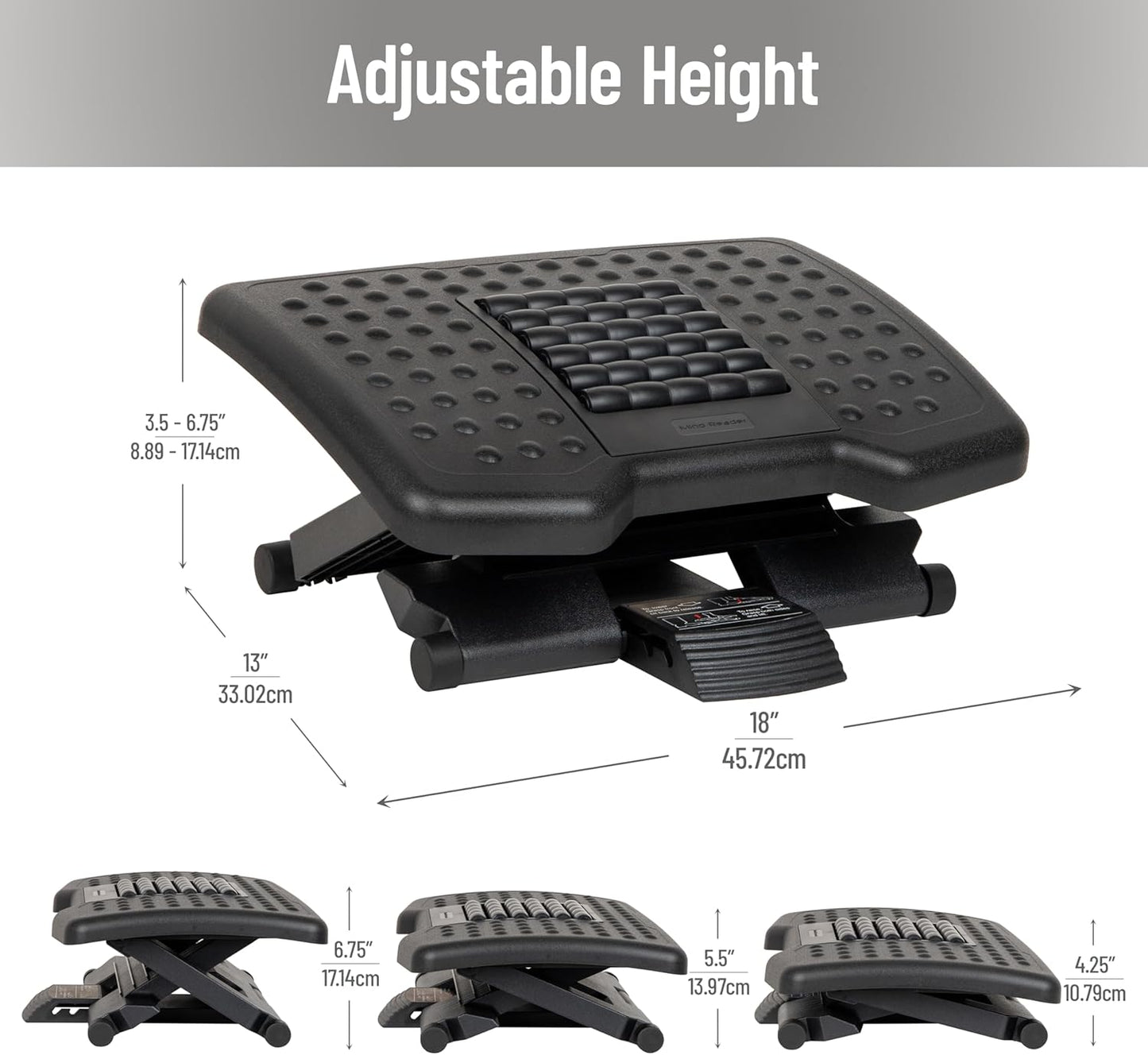 Mind Reader Adjustable Height Ergonomic Foot Rest with Massage Rollers, Black