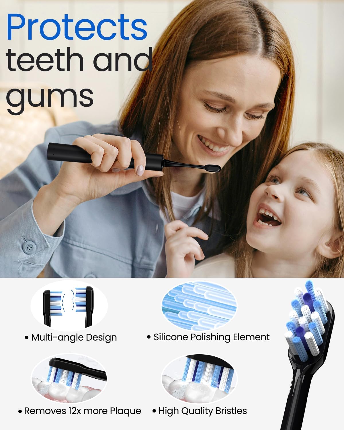 Electric Toothbrush for Adults, Rechargeable Sonic Travel Toothbrush Teens with 4 Brush Heads-180 Days Battery Life, 55000VPM, 5 Modes Smart Timer& Travel Case, Black