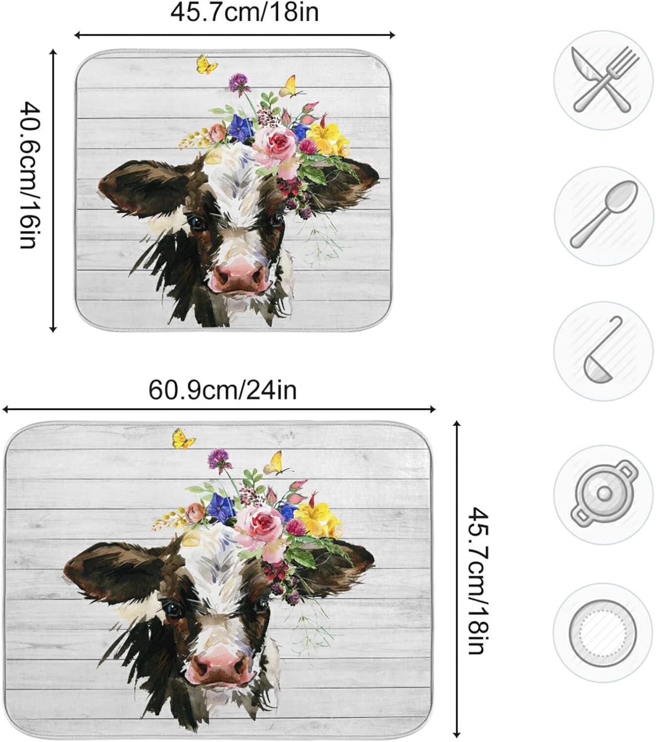 Farmhouse Cow Wood Dish Drying Mat for Kitchen 18x24 inch - Absorbent Microfiber Drainer Rack Fast Dry for Kitchen Counter
