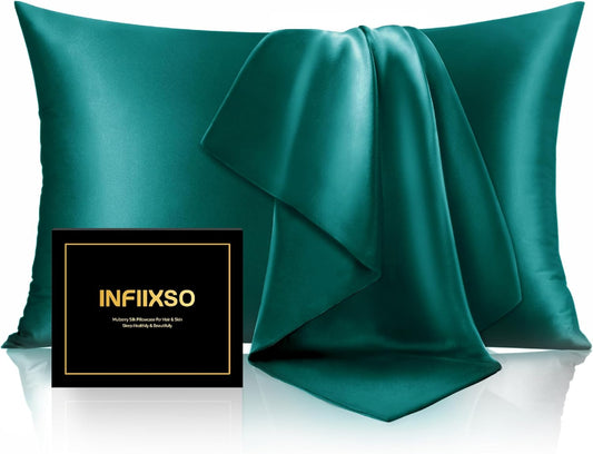 INFIIXSO Mulberry Silk Pillowcase for Hair and Skin, Silk Pillow Cases Standard Size with Hidden Zipper 20x26 Inches, Super Smooth and Soft Cooling Pillow Cases for Hot Sleepers(Teal, 1 Pack)