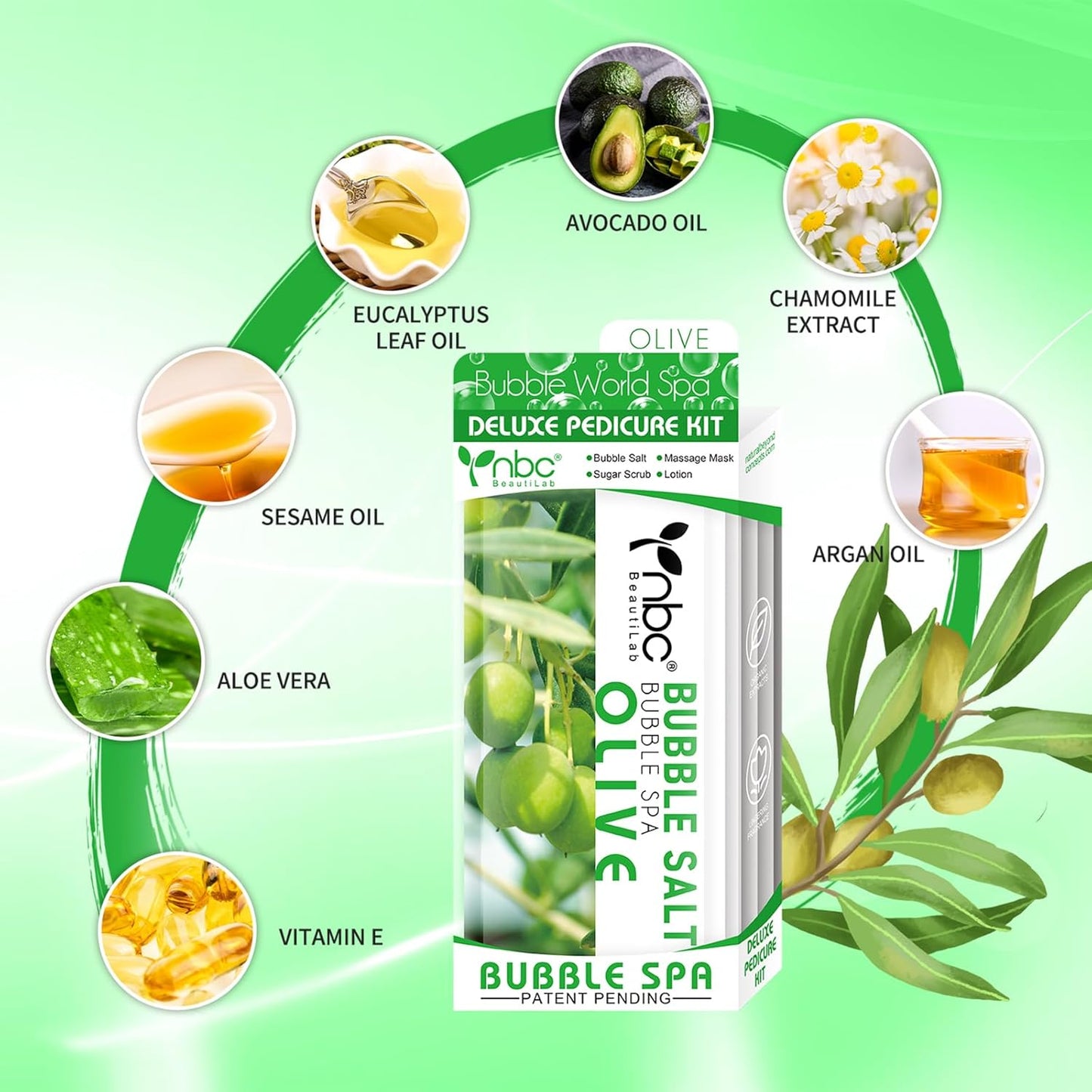 Pedicure Kit Foot Soak Set: Bubble Salt, Sugar Scrub, Massage Mask, Massage Lotion in a Box, 4 Step Foot Spa Kit for Dry Feet,Tired Feet (1 Set Olive)