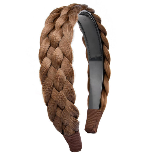 DIGUAN Width 1.5 inches Synthetic Hair Plaited Headband Braid With Teeth Hair Band Accessories for Women Girl(W-Medium Brown)