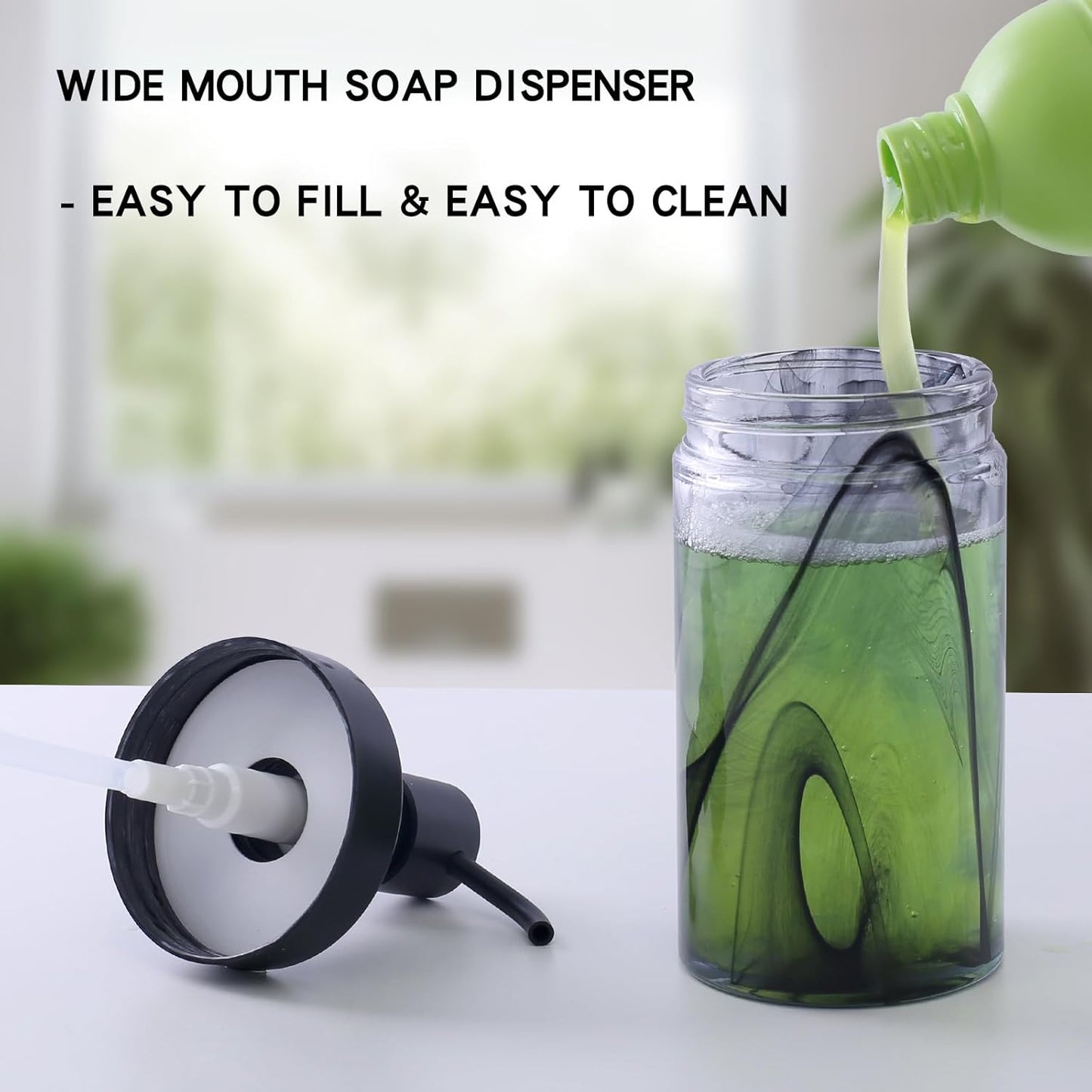 2-Pack Glass Soap Dispenser Set, 12.5 Oz Black Moire Pattern, Wide Mouth Easy Refill, Lead-Free Thick Glass Bottle with Matte Black Pump for Kitchen, Bathroom Sink Decor