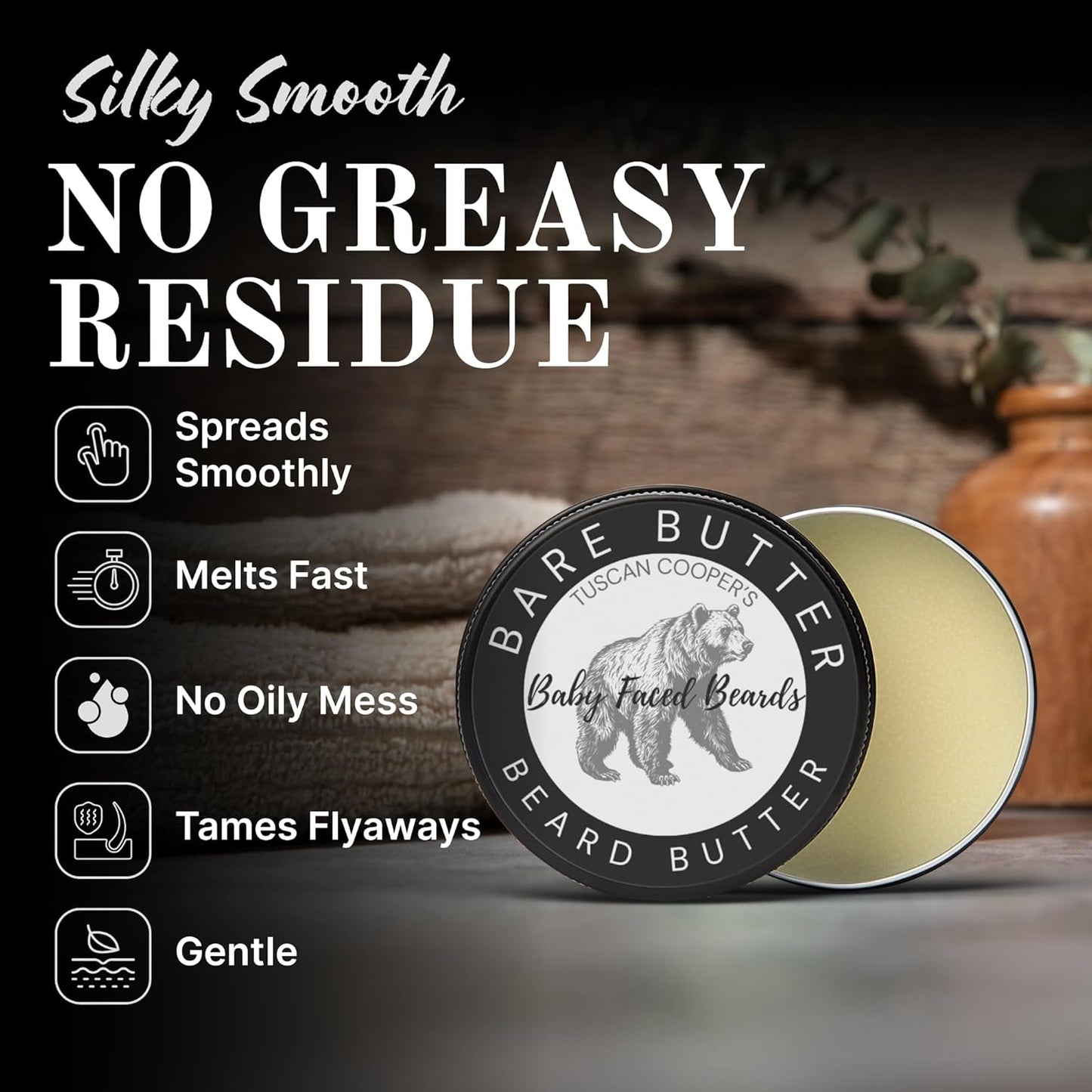 Tuscan Cooper's Baby Faced Beards Butter for Men - Moisturizing Beard Balm Cream and Softener for All Hair Types Including Coarse Hair - 4oz Hydration and Conditioning Care - Bare Unscented