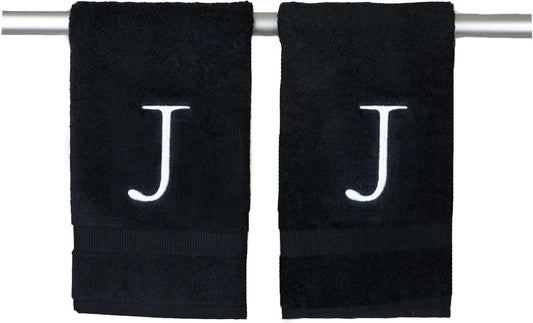 Black Letter Hand Towel for Bathroom - Monogrammed Initial Hotel Quality Decorative Embroidered Towel for Powder Room, Spa - GOTS Organic Certified - Set of 2 Letter J