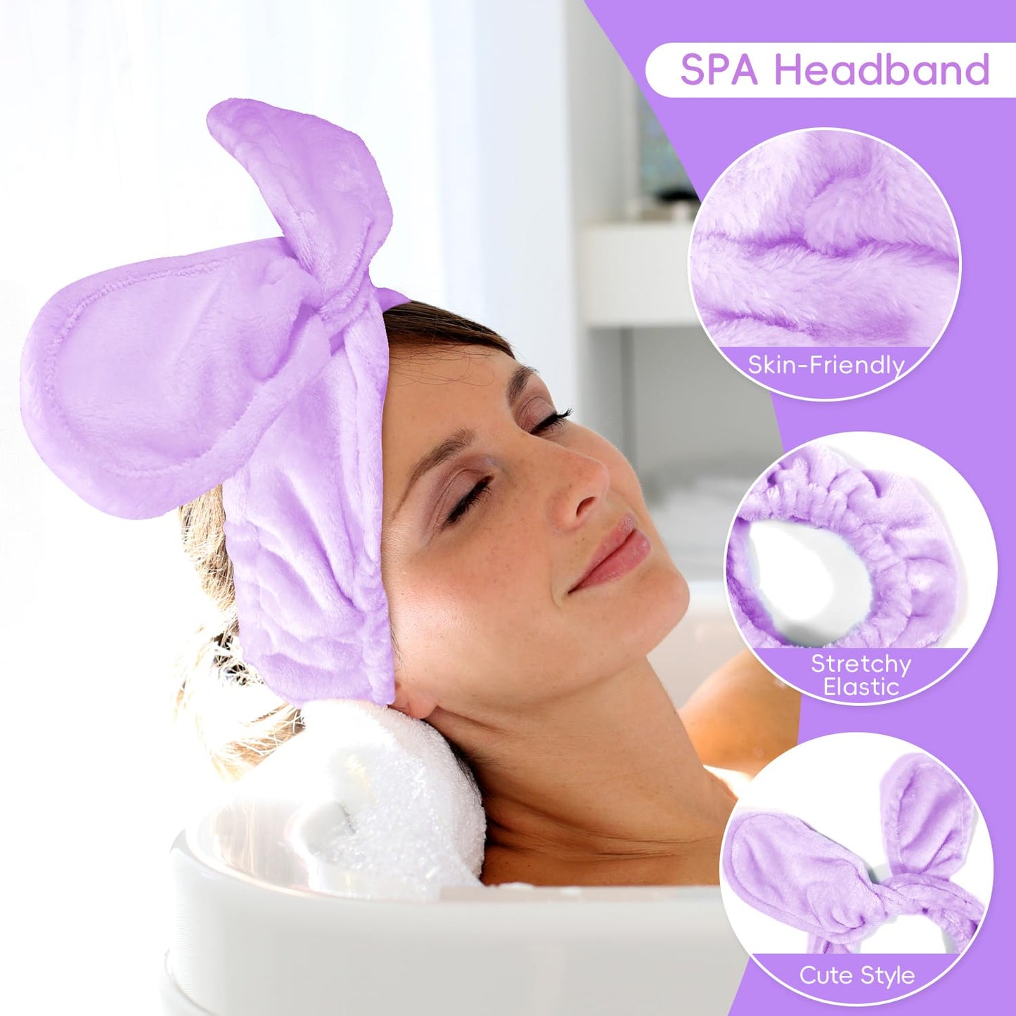 Face Wash Headband and Wristband Set Fashion Spa Headband, Coral Velvet Face Wash Set for Women, Adjustable Makeup Headbands Hair Band for Washing Face, Facial Skincare (Purple)