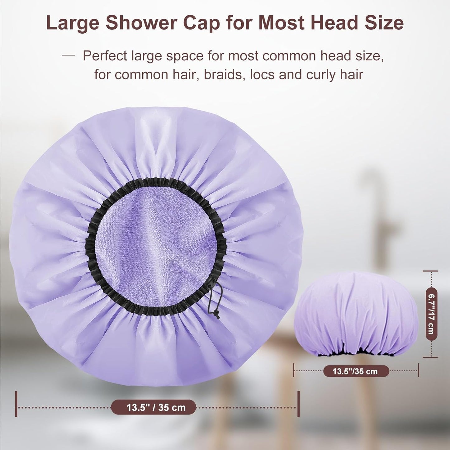 2 Pcs 13.5" Dual Waterproof Design Adjustable Terry Shower Cap for Women and Men, EVA Double Layer Bath Cap Reusable for Braids, Long Hair, Dreadlocks