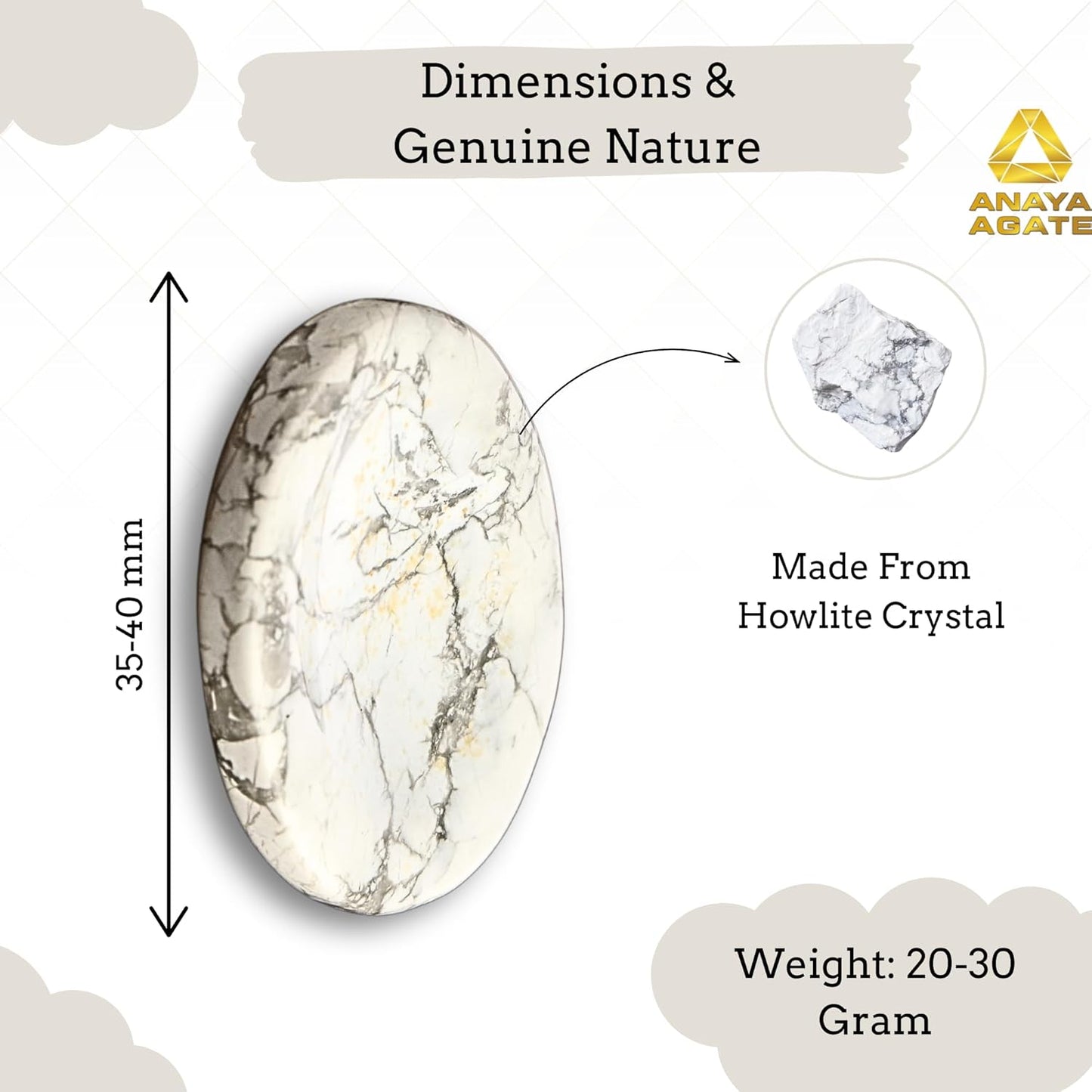 Howlite Worry Stone – Crystal Thumb Worry Stones for Anguish, Stress – Relaxing and Soothing Balance Stones for Meditation, Stress Relief – Healing Stones and Crystals for Men and Women