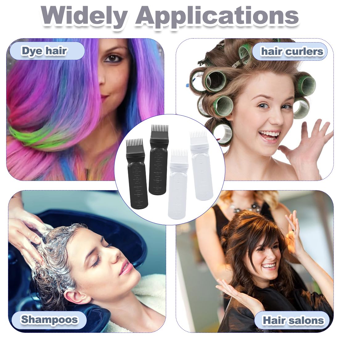 ELANE 4 Pcs Root Comb Applicator Bottle, 6oz, Hair Oil Applicator Bottle for Hair, Salon, Home, Travel (Black+White)