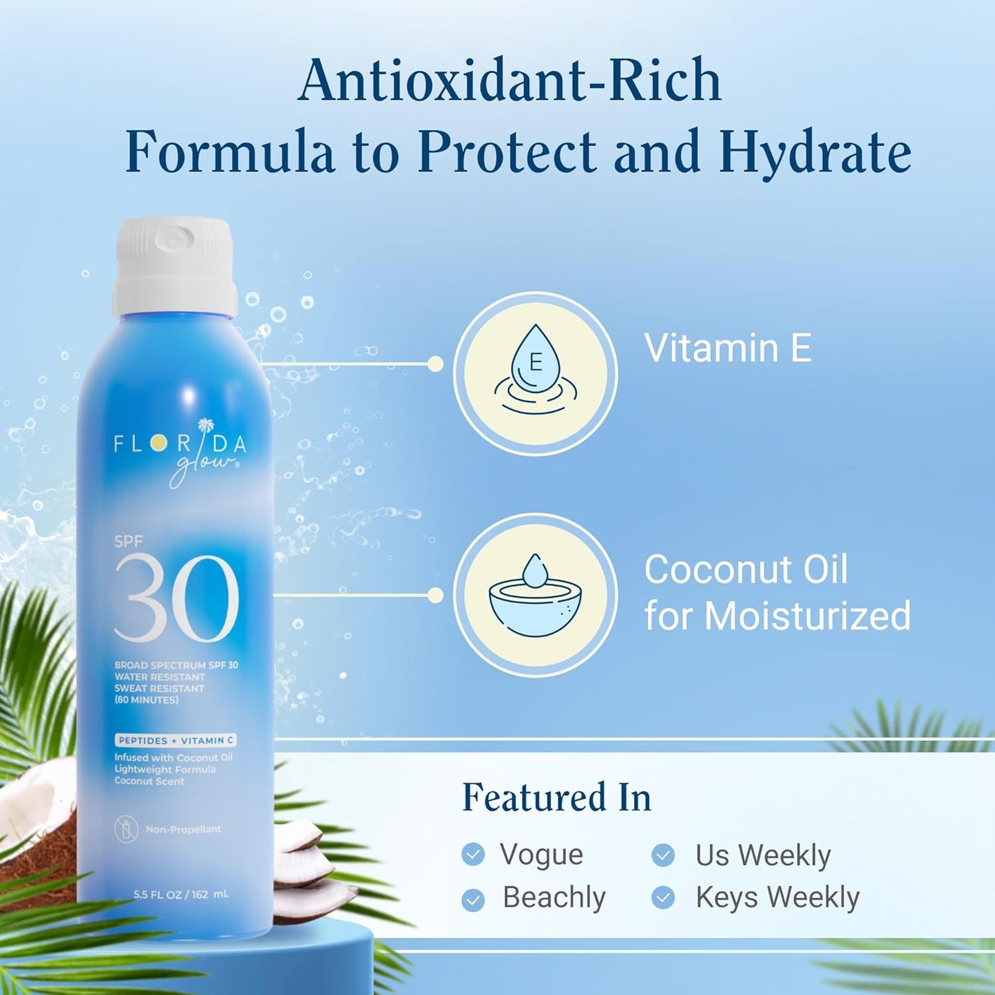 Florida Glow SPF 30 Sunscreen Spray - Hawaii 104 Reef Act & Florida Keys Compliant Broad Spectrum Water Resistant Sport Sun screen - Child Friendly Oxybenzone & Octinoxate Free (SPF 30 1-pack)