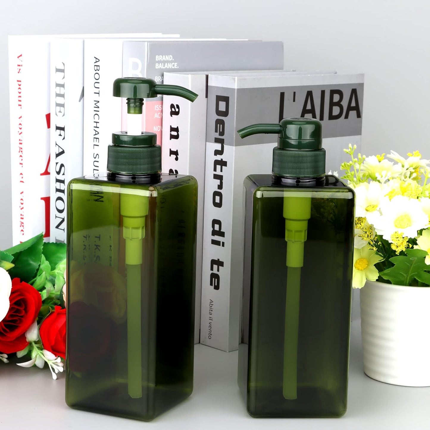 Pump Bottle Dispenser 22oz/650ml Jansburg 2Pack Refillable Square Plastic Lotion Dispenser Empty Lotion Pump Bottle for Essential Oil Lotion, Shampoo, Bathroom Travel Green