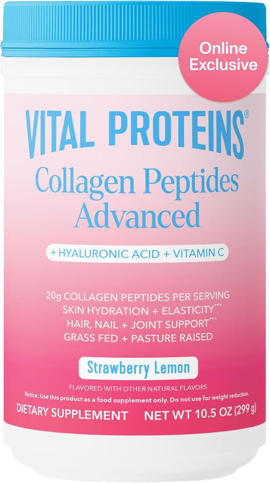 Vital Proteins Collagen Peptides Advanced, Hydrolyzed Peptides with Hyaluronic Acid and Vitamin C - Strawberry Lemon Flavor Powder, 10.5oz